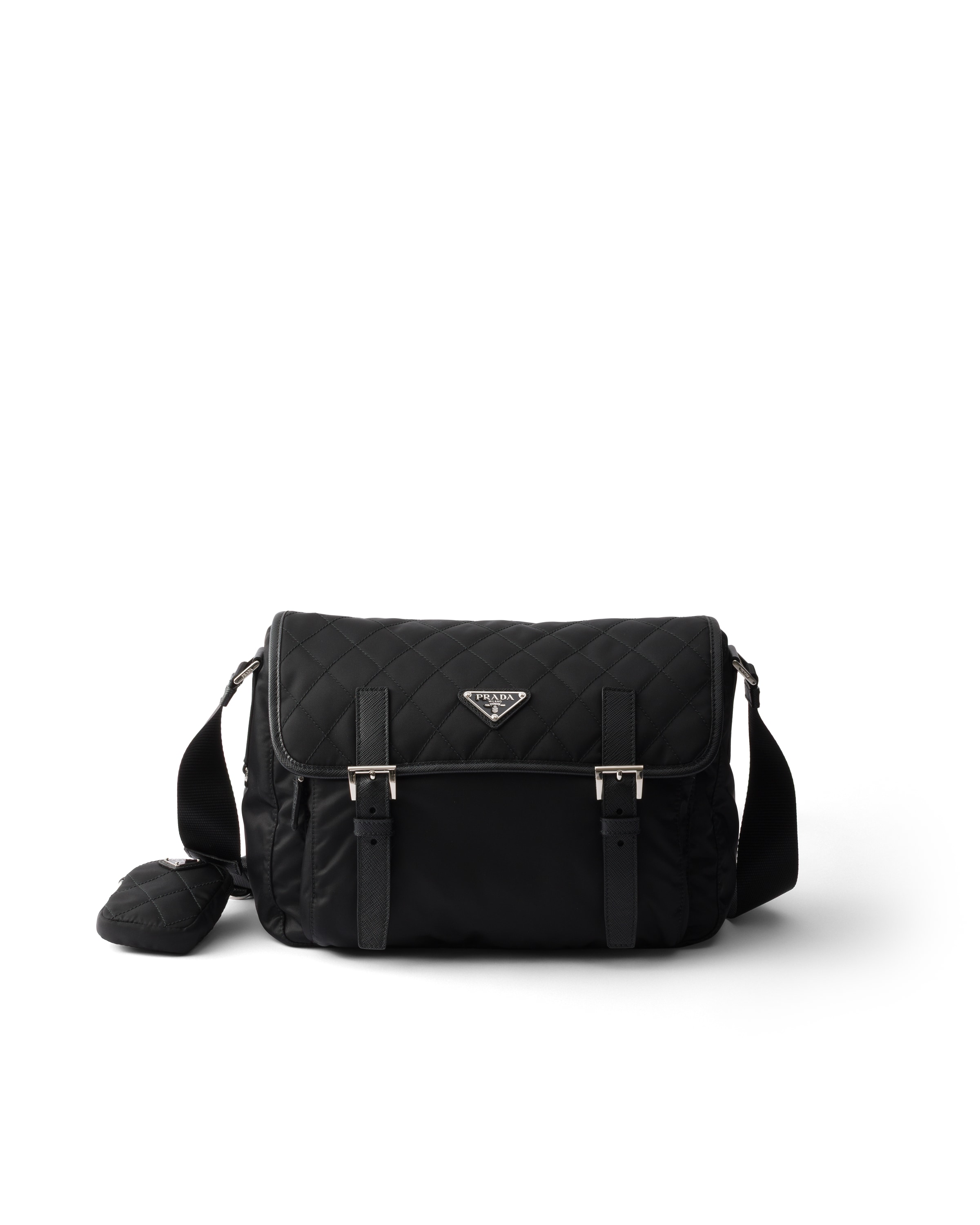 Prada Large Quilted Re-nylon Shoulder Bag With Saffiano Trim In Black