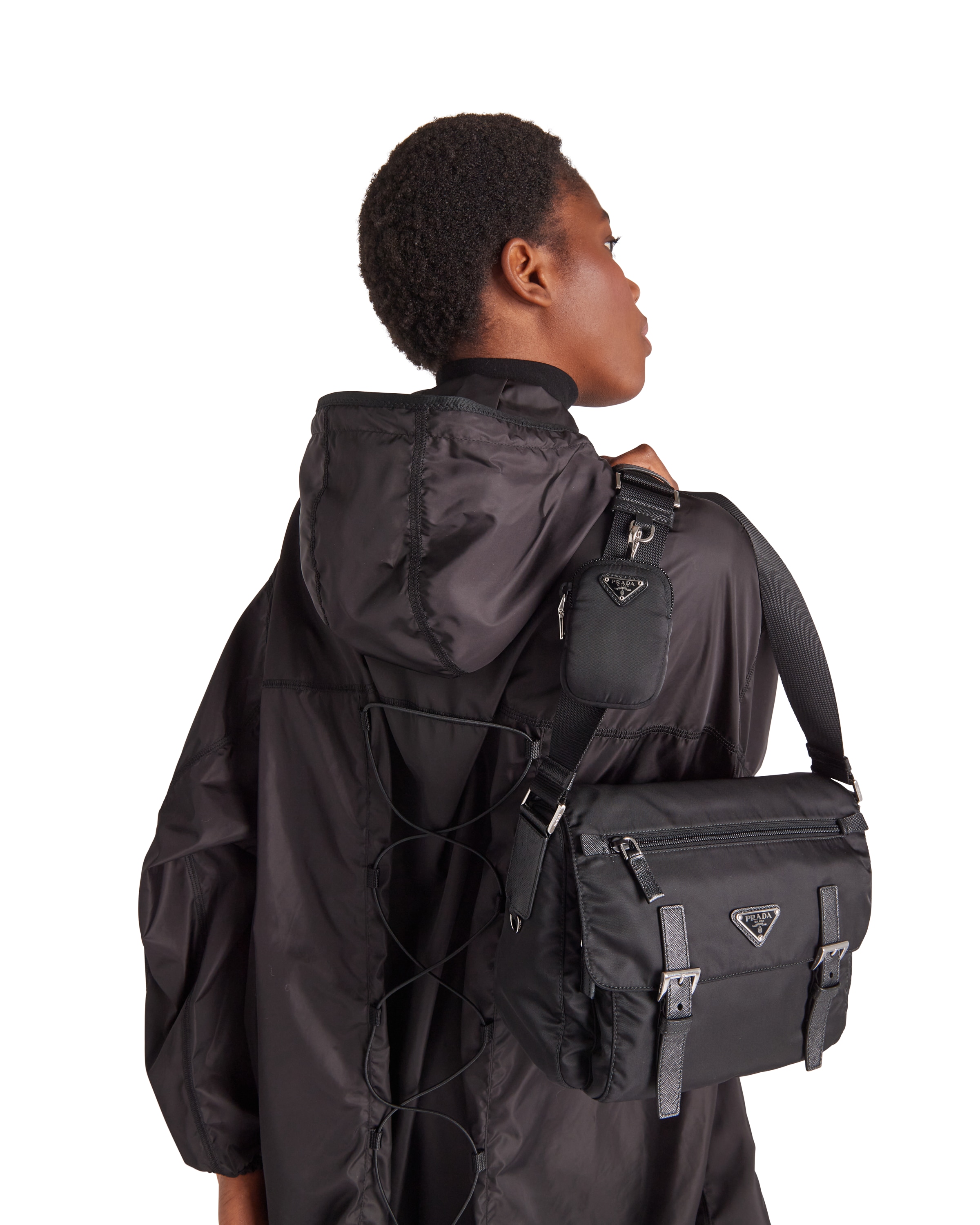 Prada Black Re-nylon Messenger Bag In Black
