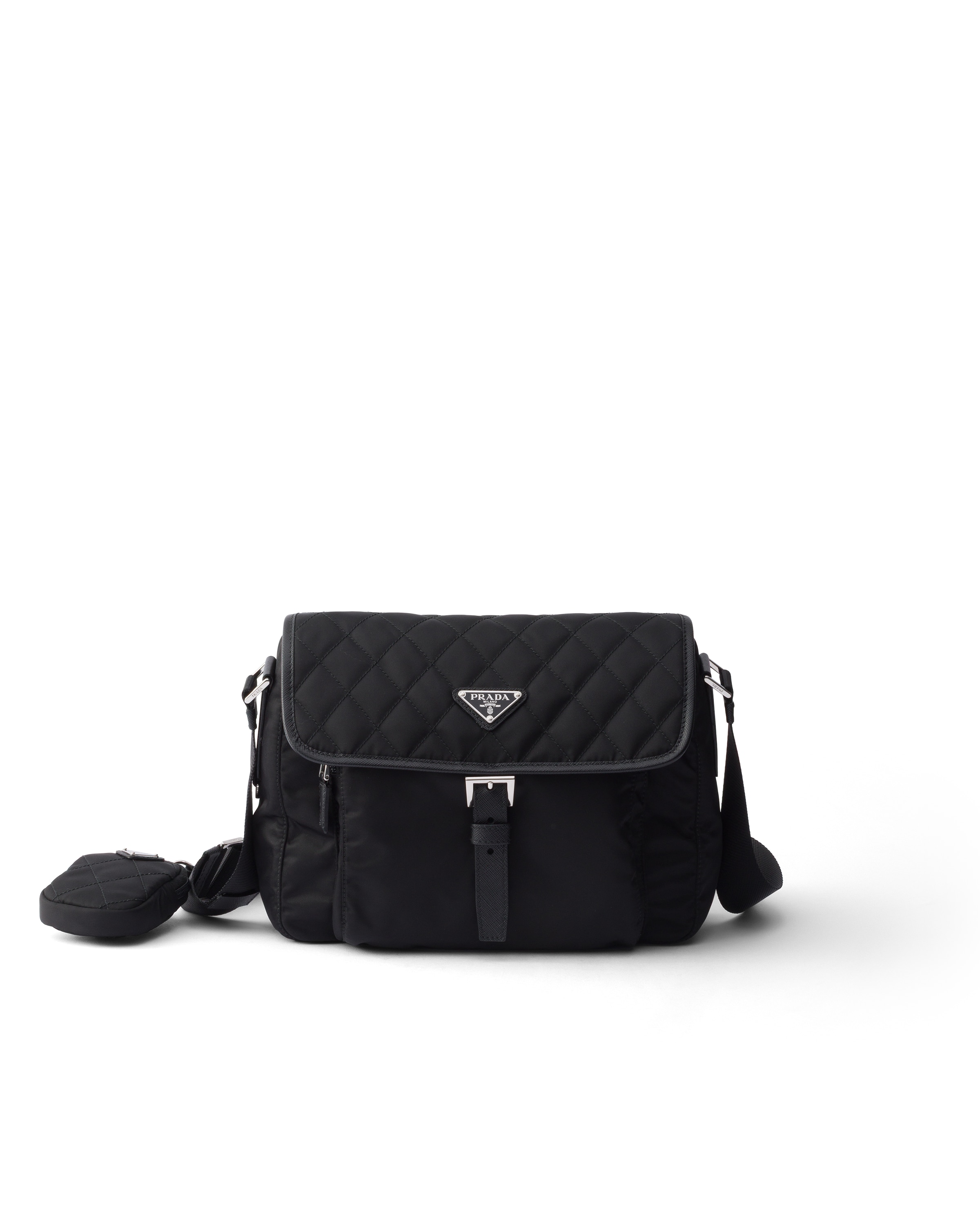 Prada Medium Quilted Re-nylon Shoulder Bag With Saffiano Leather Trim In Black