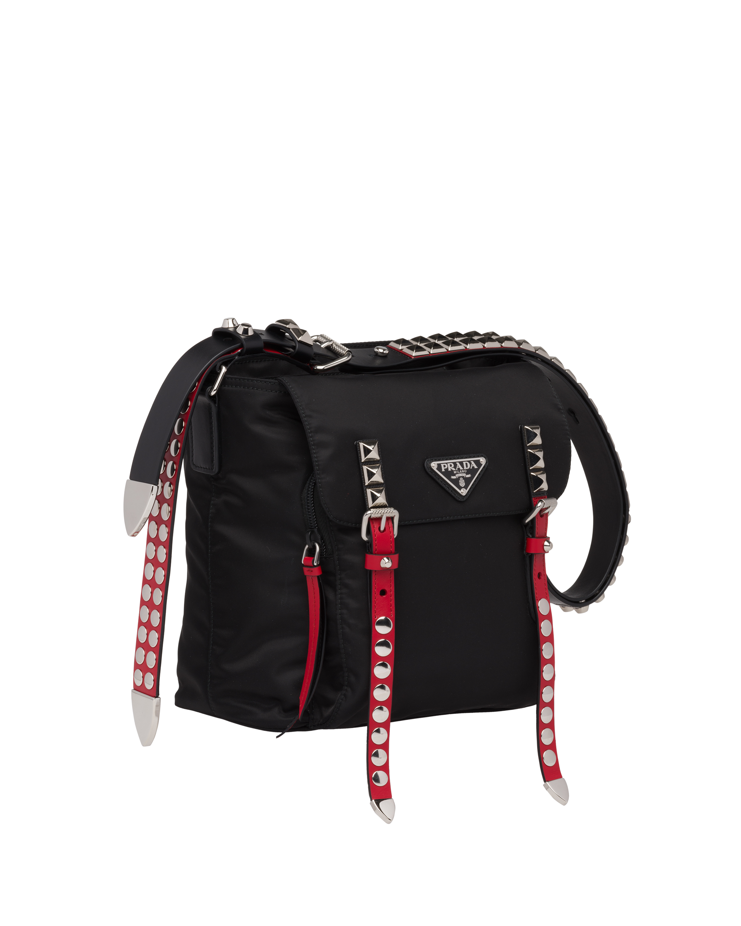 Black Nylon Bucket Bag With Leather And Studs Prada