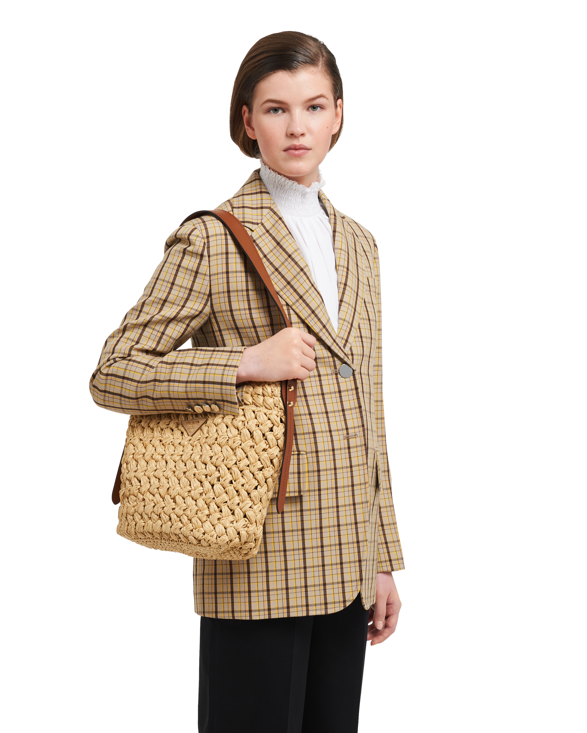 prada raffia bucket bag