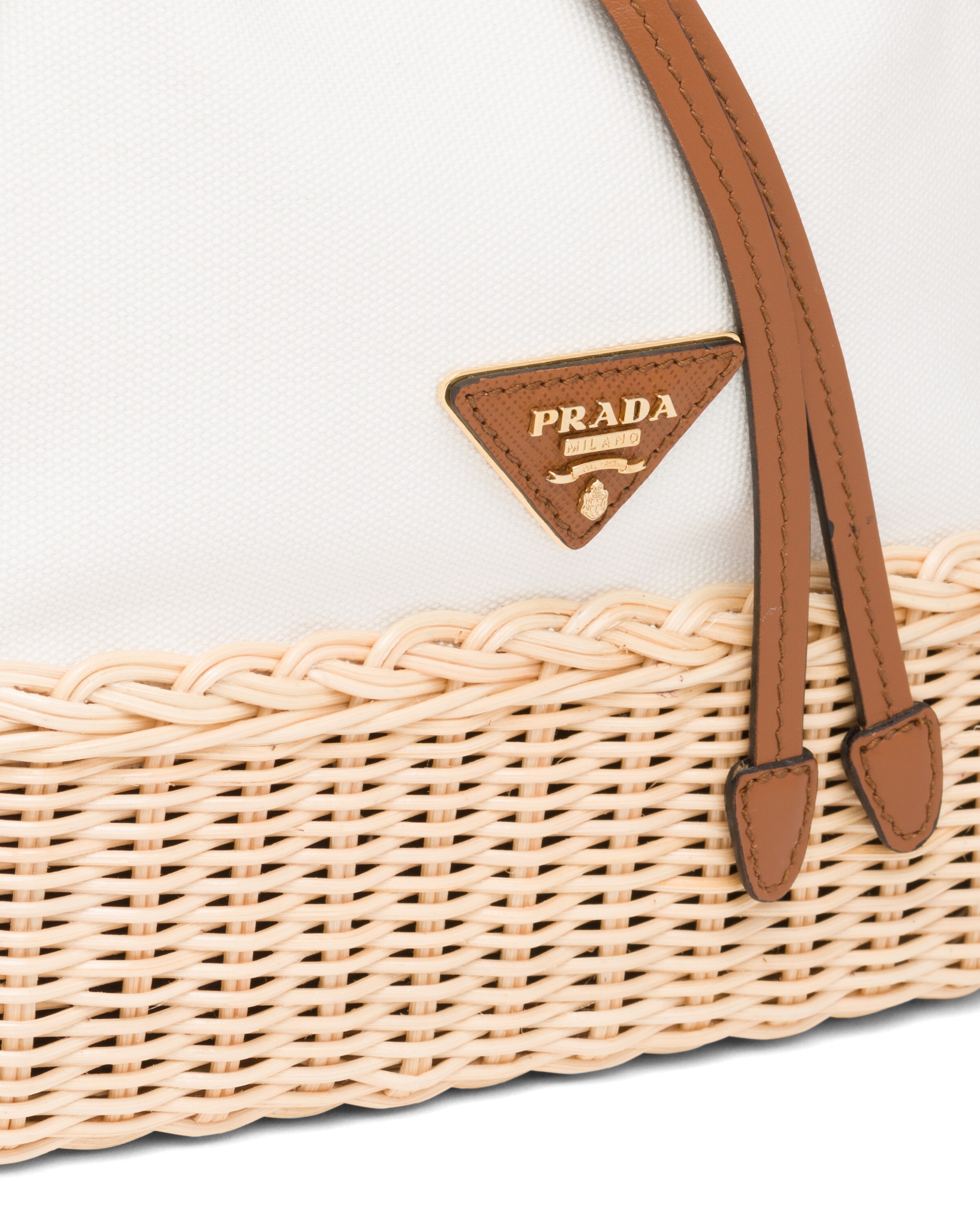 Natural/white Wicker and Canvas Bucket Bag Prada