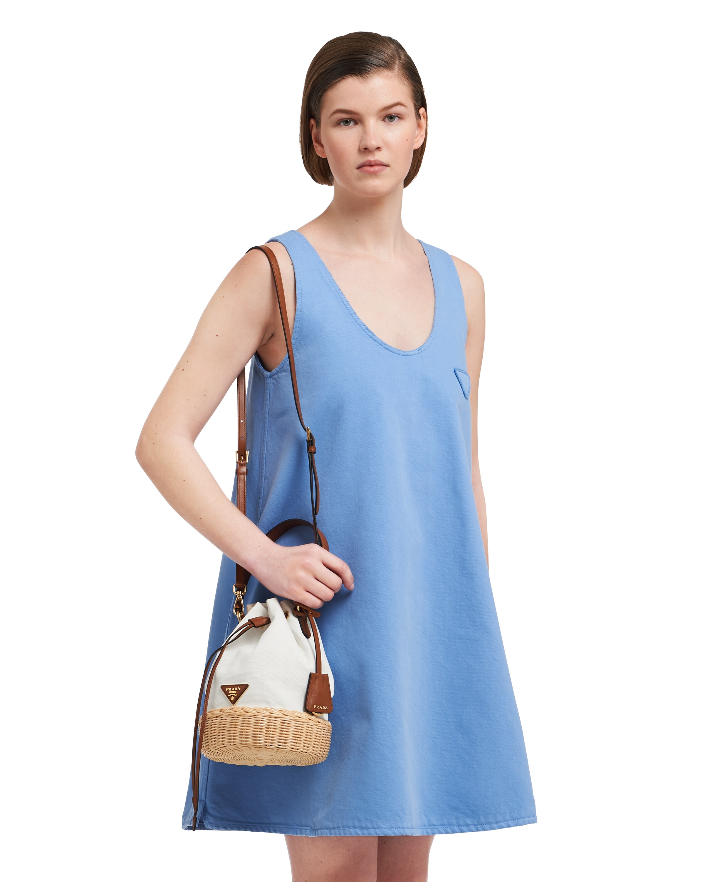 Natural/white Wicker and Canvas Bucket Bag Prada