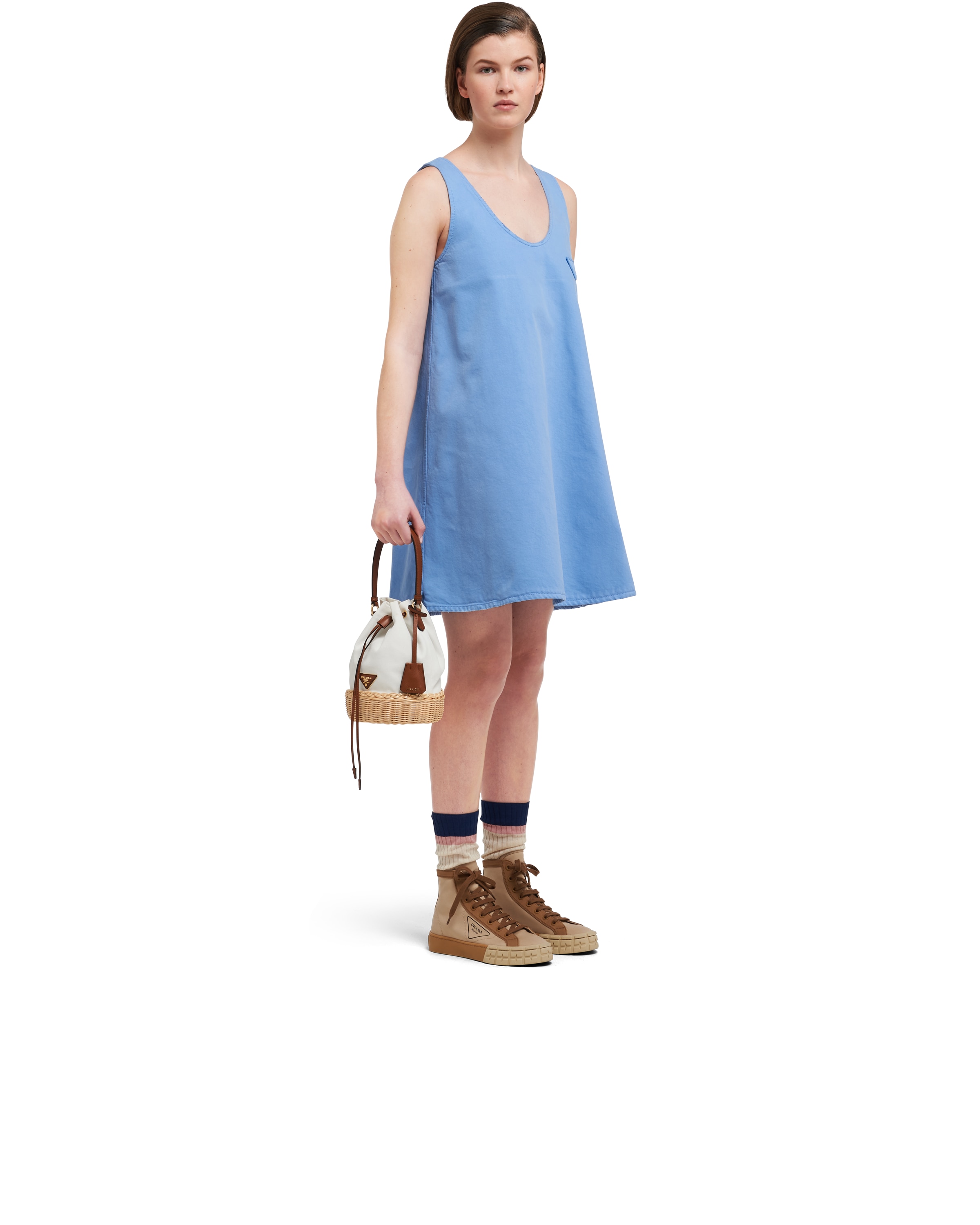 Natural/white Wicker and Canvas Bucket Bag Prada