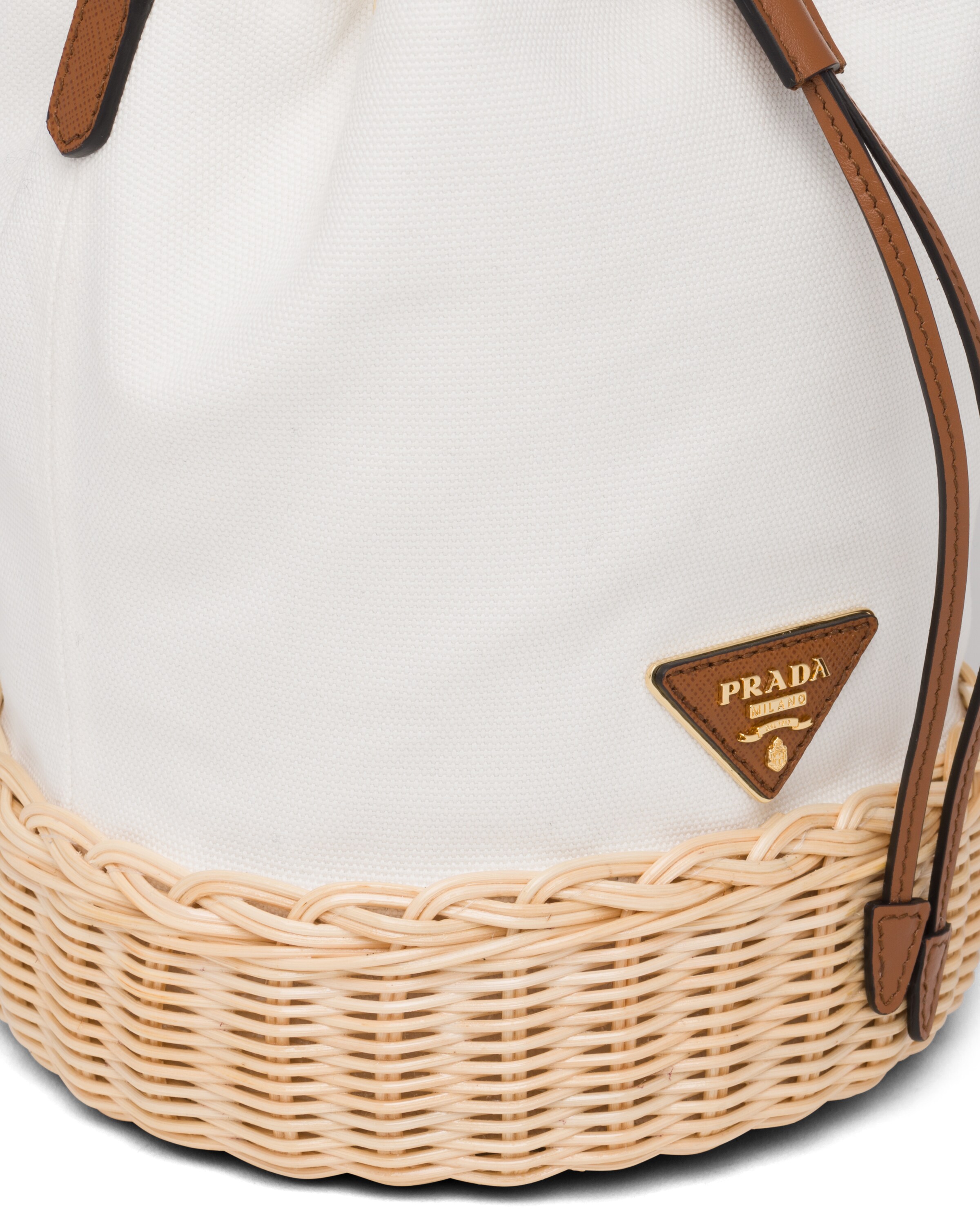 Natural/white Wicker and Canvas Bucket Bag Prada