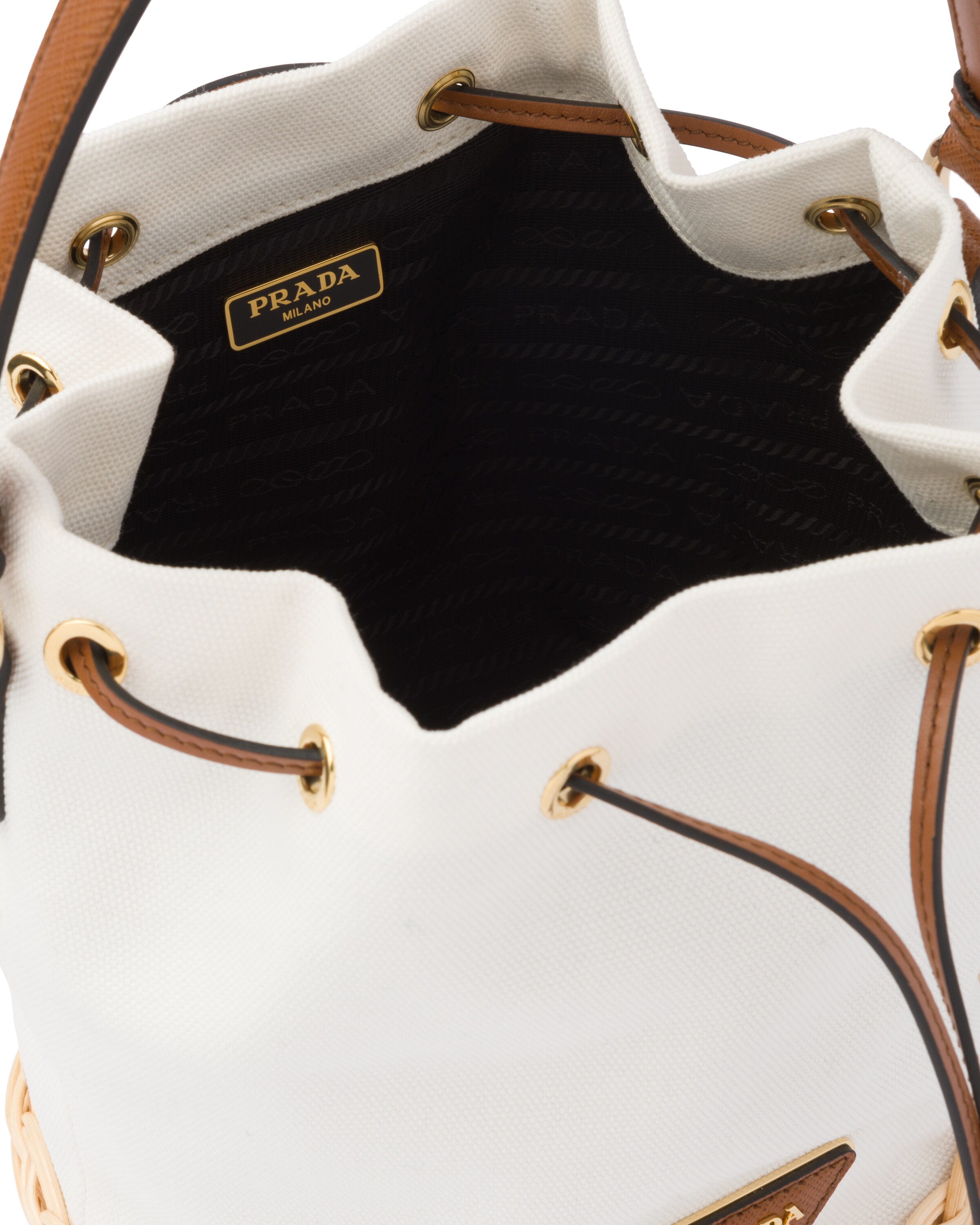 Natural/white Wicker and Canvas Bucket Bag Prada