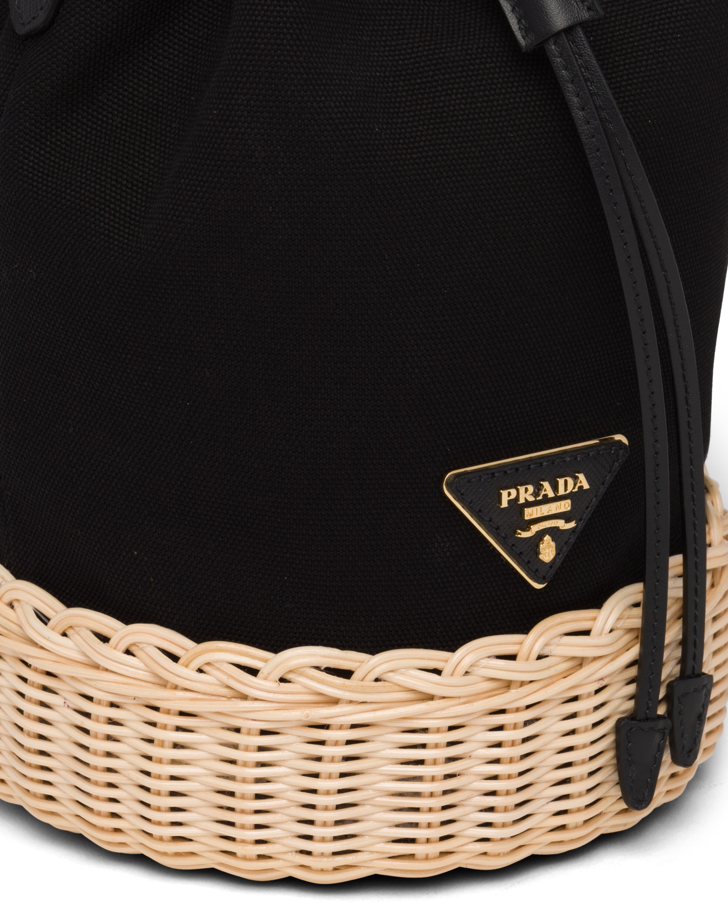 Tan/black Wicker and Canvas Bucket Bag Prada