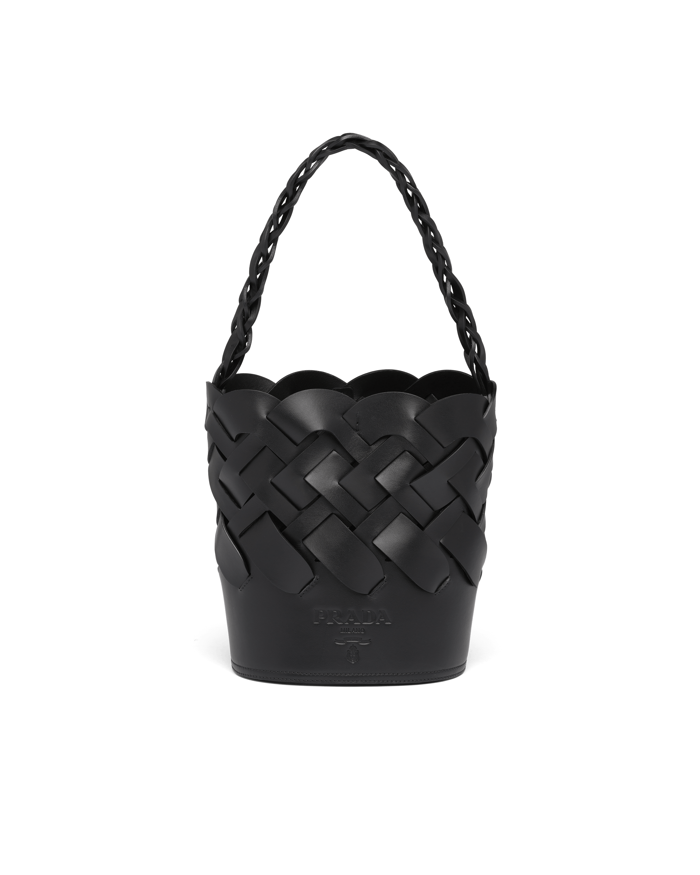 Black Leather Prada Tress Bucket Bag | Prada