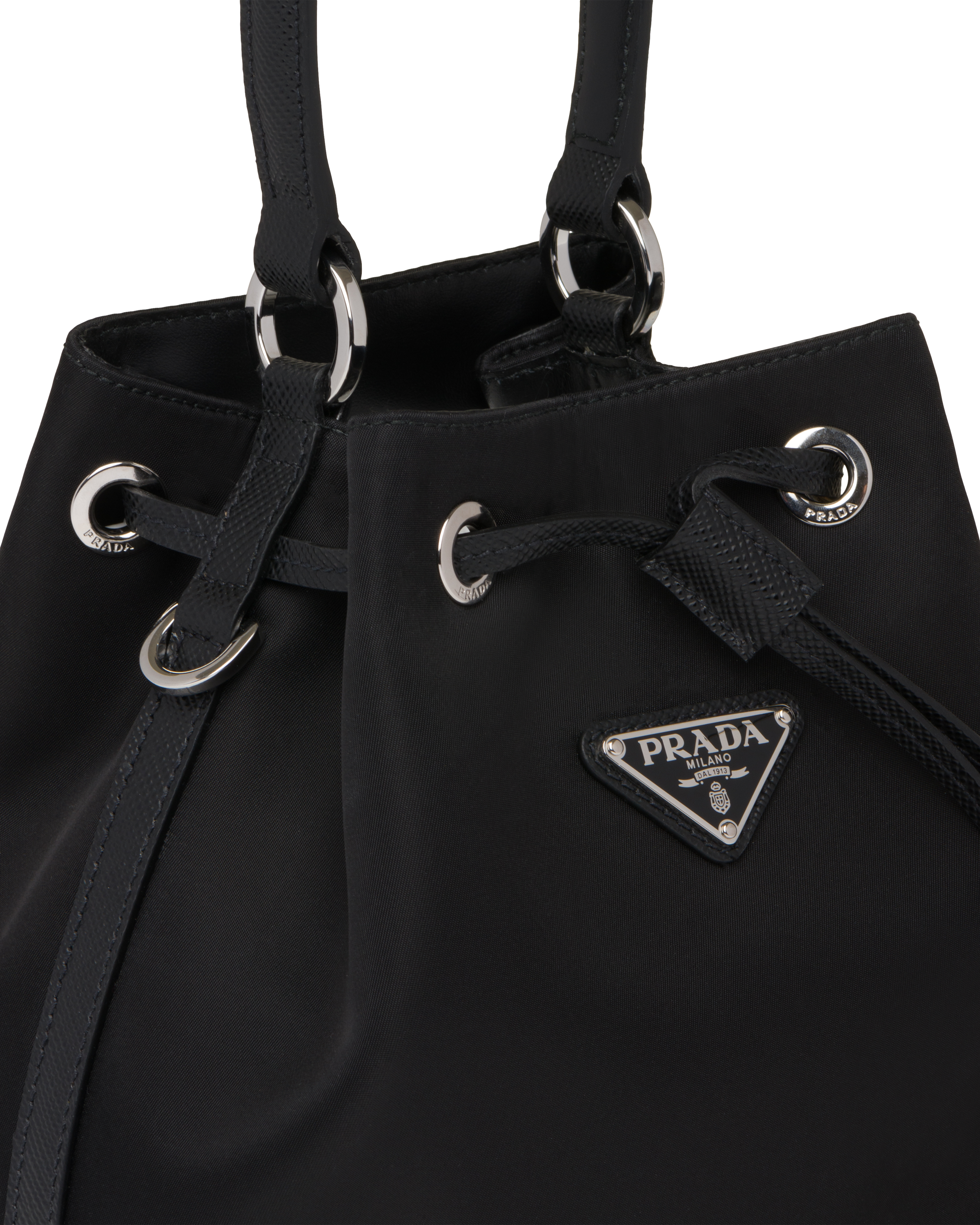 Nylon and Saffiano leather bucket bag 