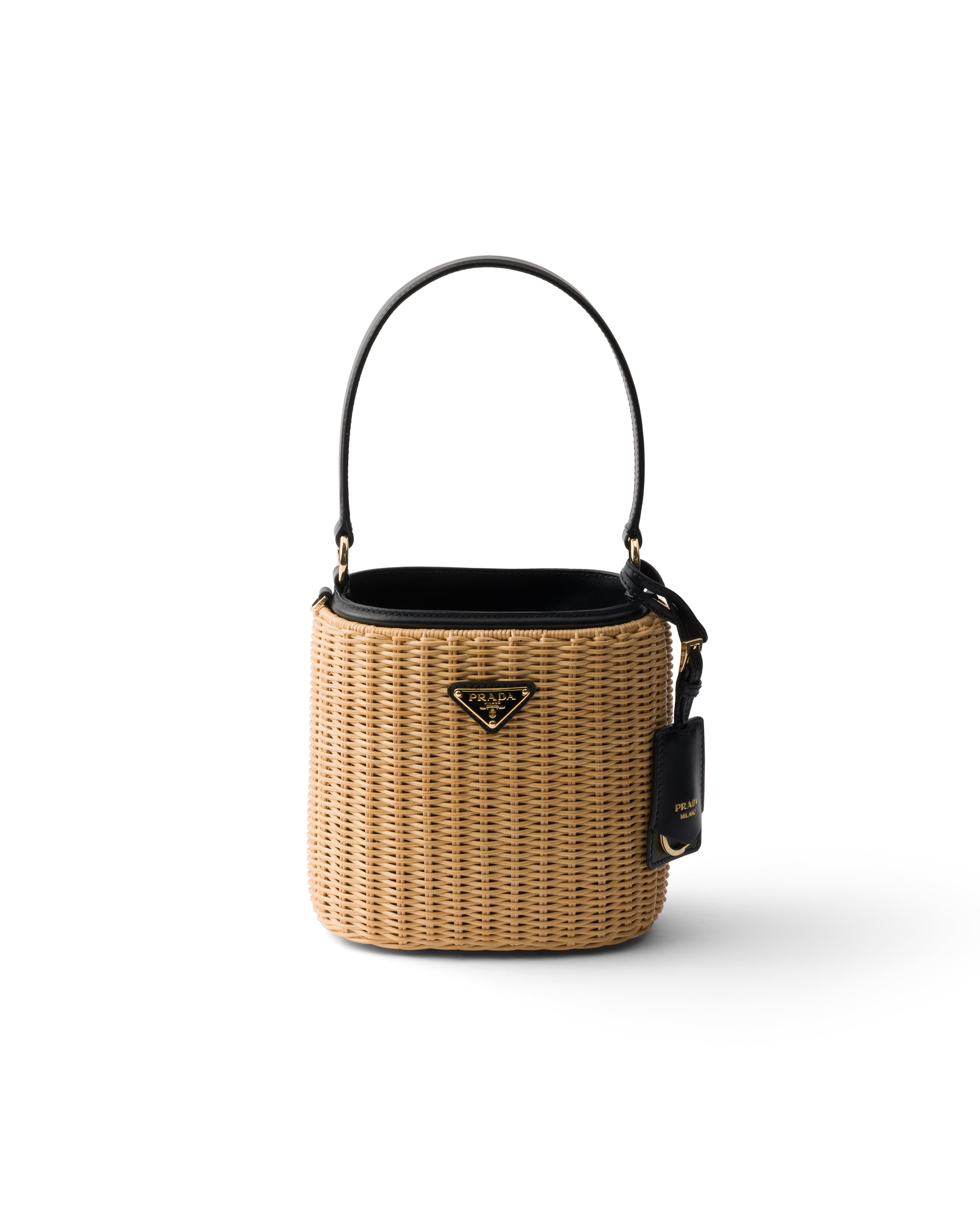Wicker And Leather Bucket Bag, Woman, Tan/black