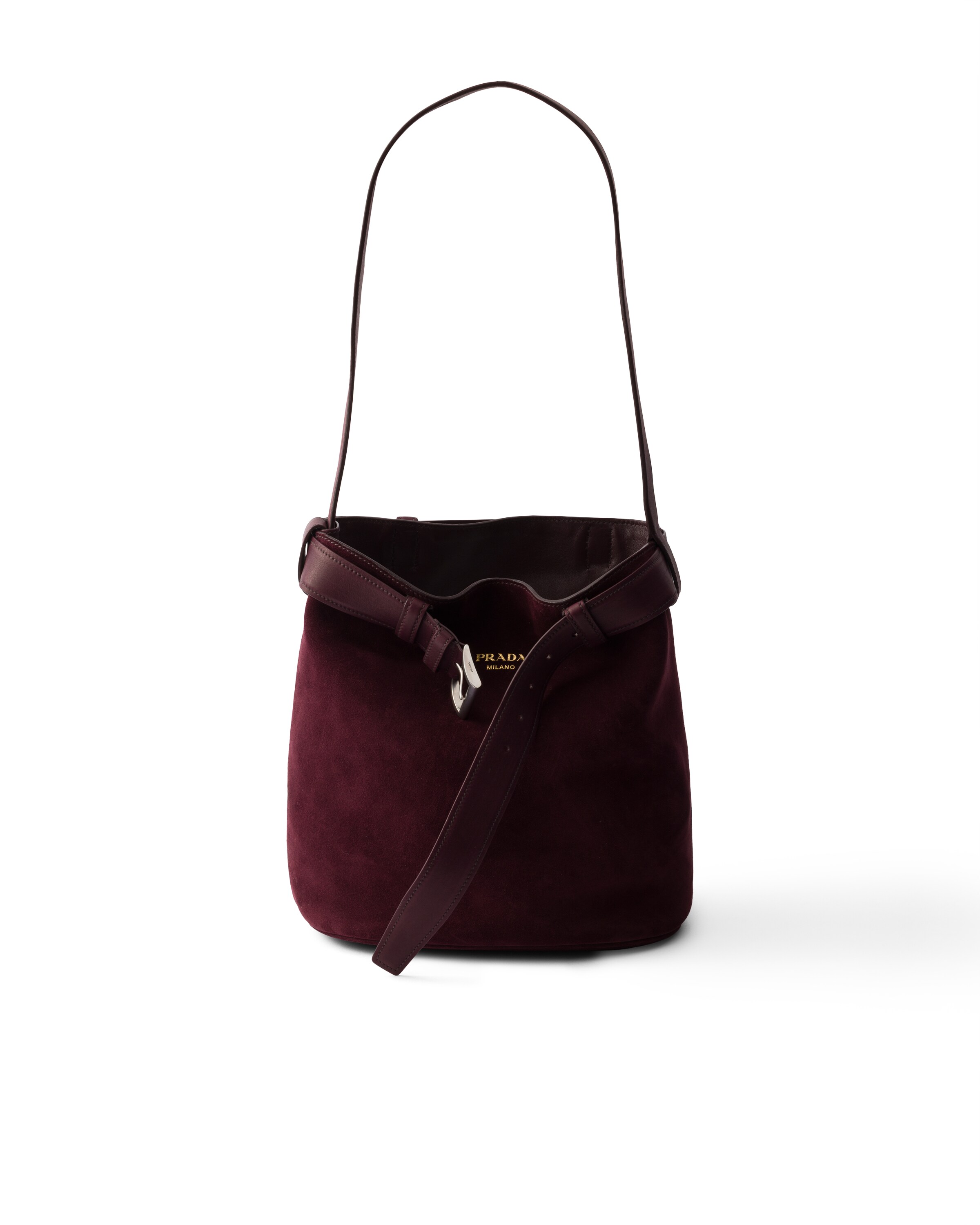 Borsa A Secchiello Prada Buckle In Pelle Scamosciata Con Cintura, Donna, Bordeaux