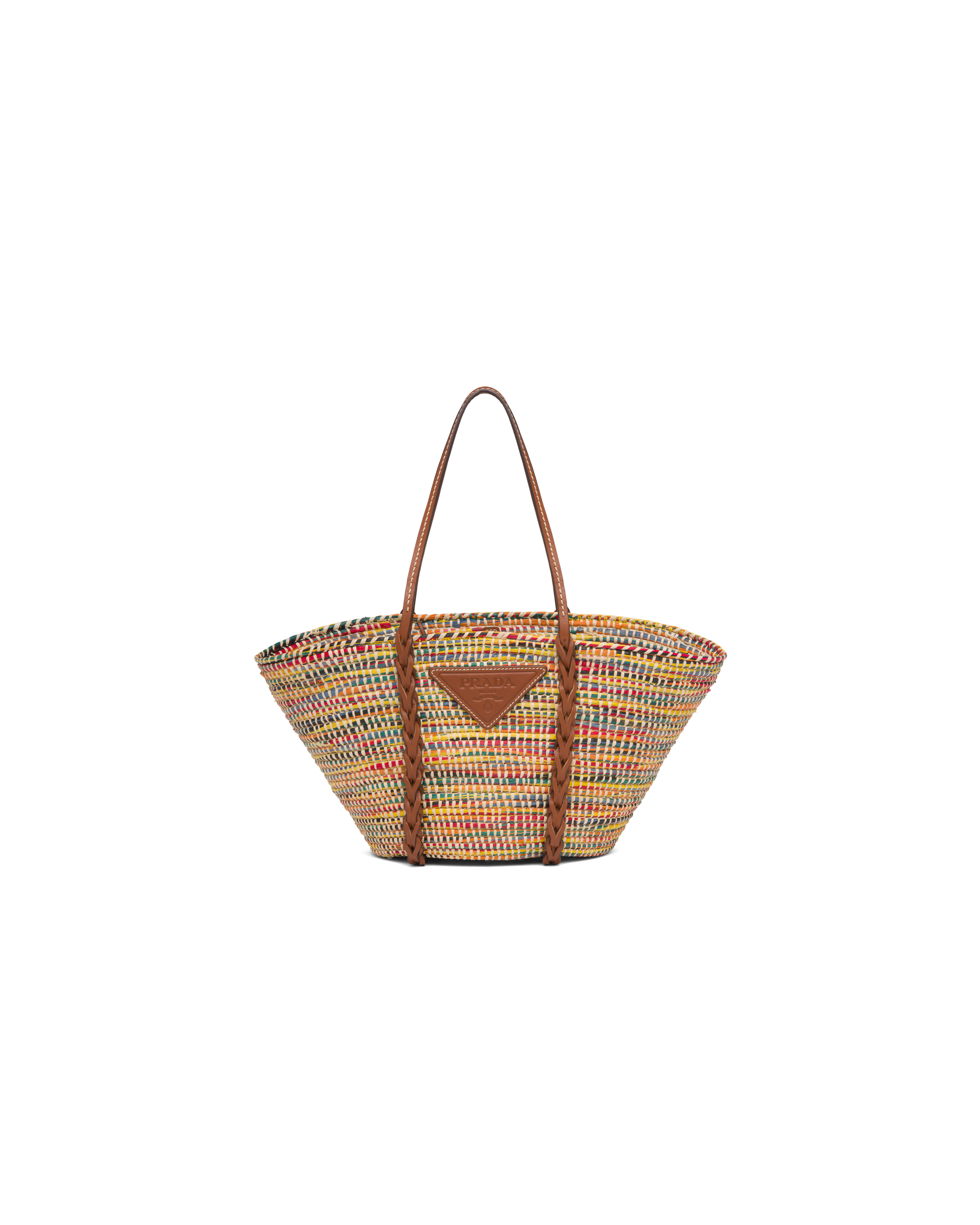 Multicolored/cognac Straw and leather tote bag Prada