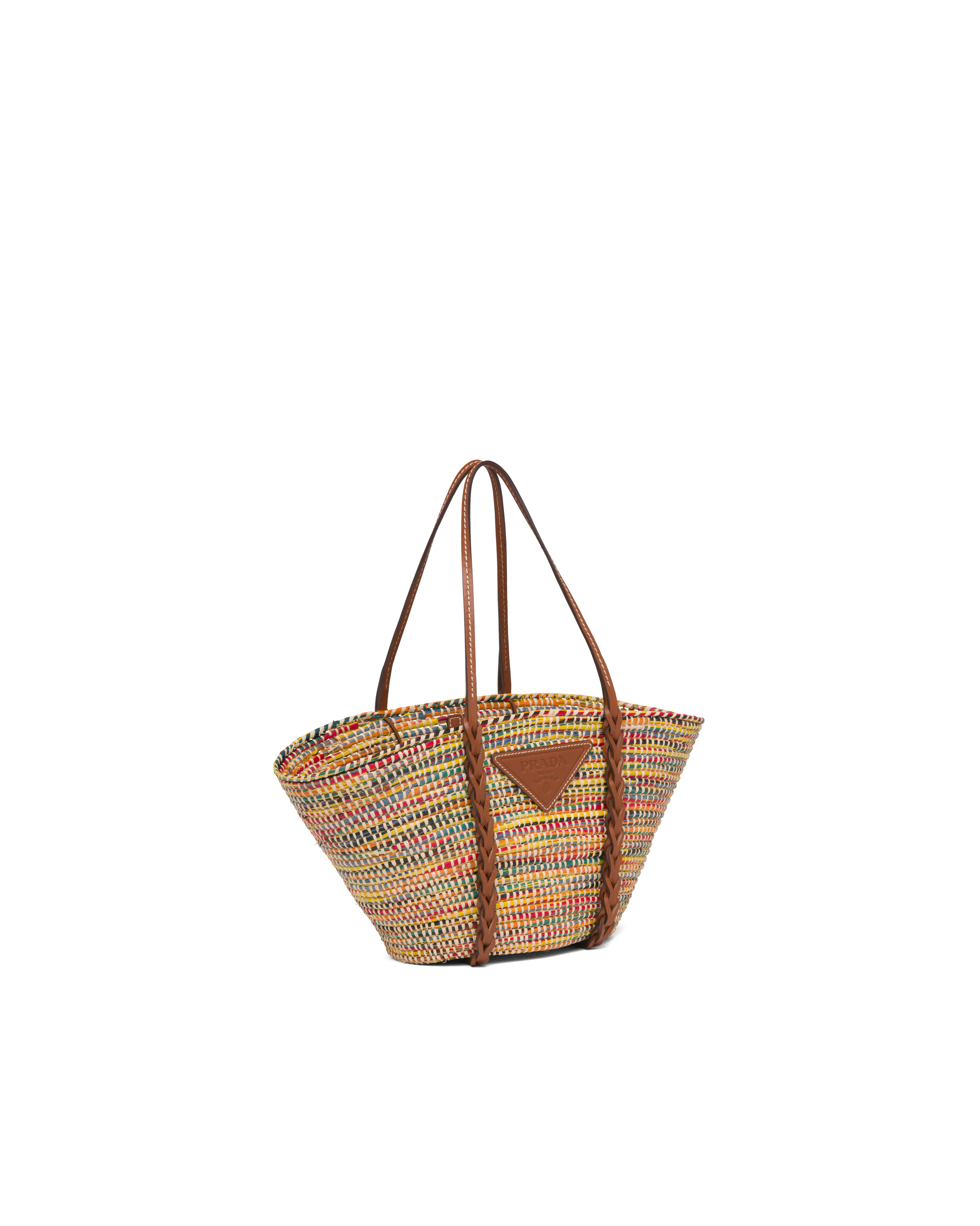 Multicolored/cognac Straw and leather tote bag Prada