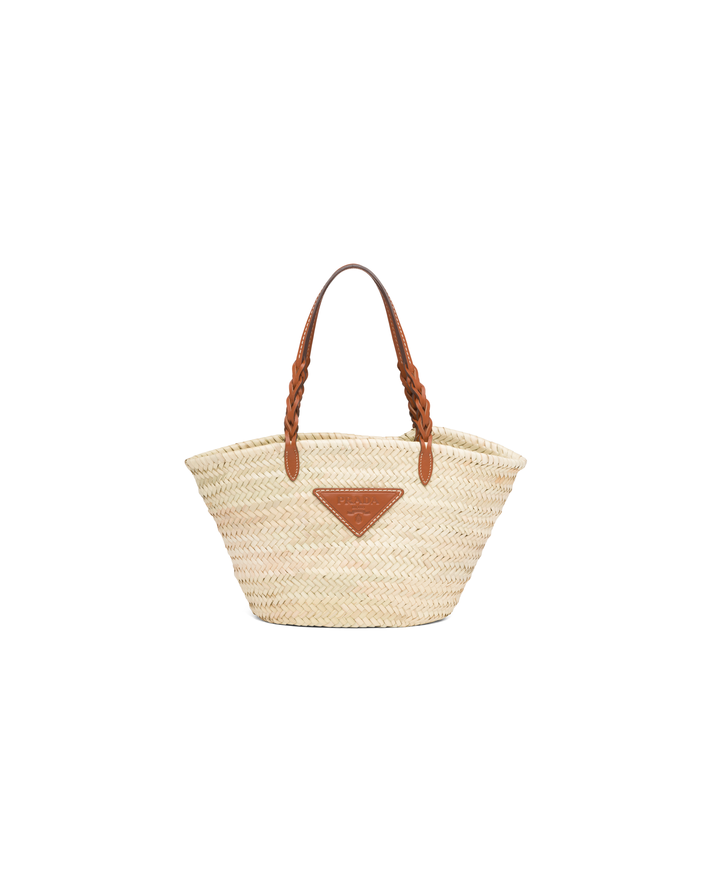 Prada Woven Palm And Leather Tote In Beige