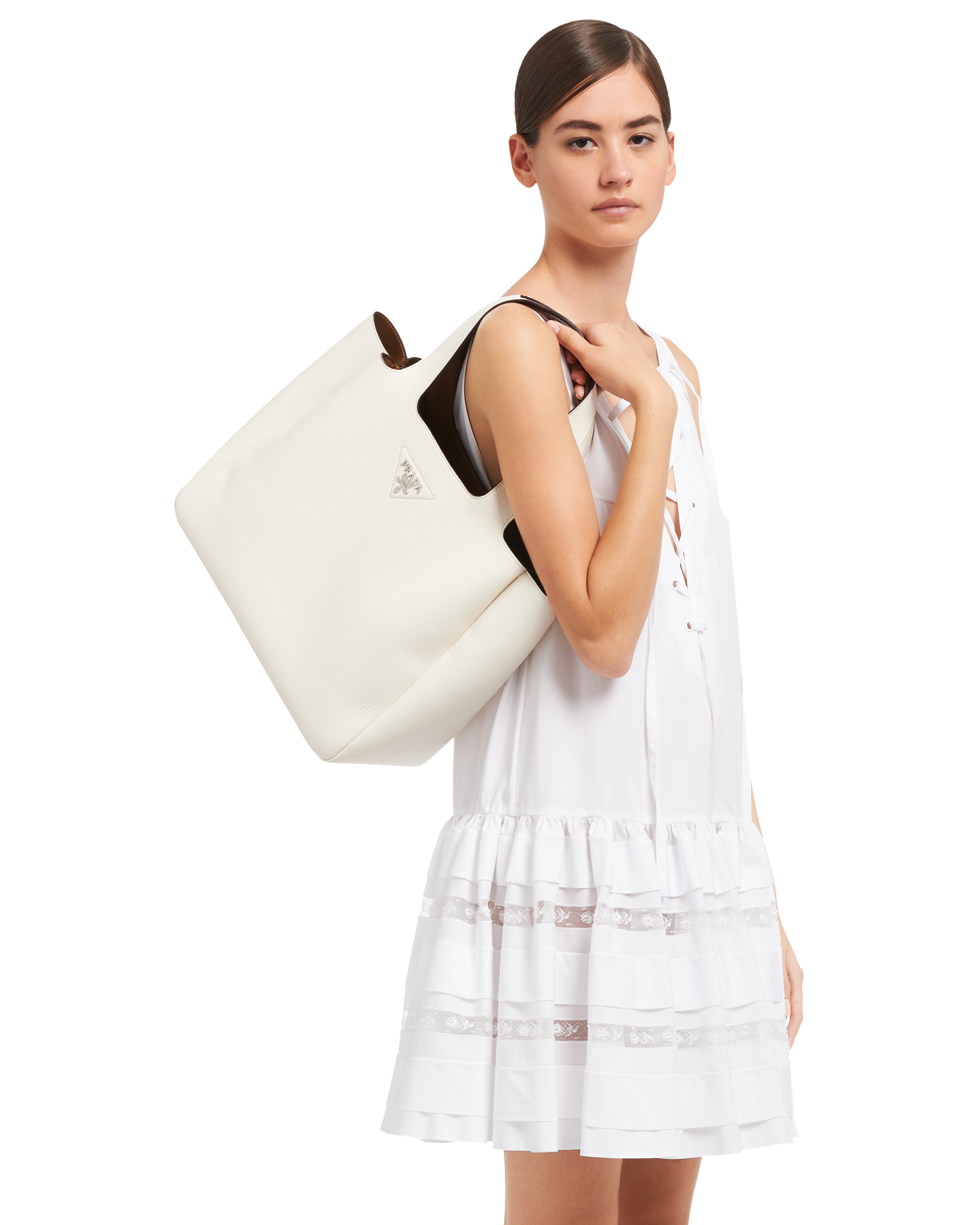 prada leather handbolsa white caramel