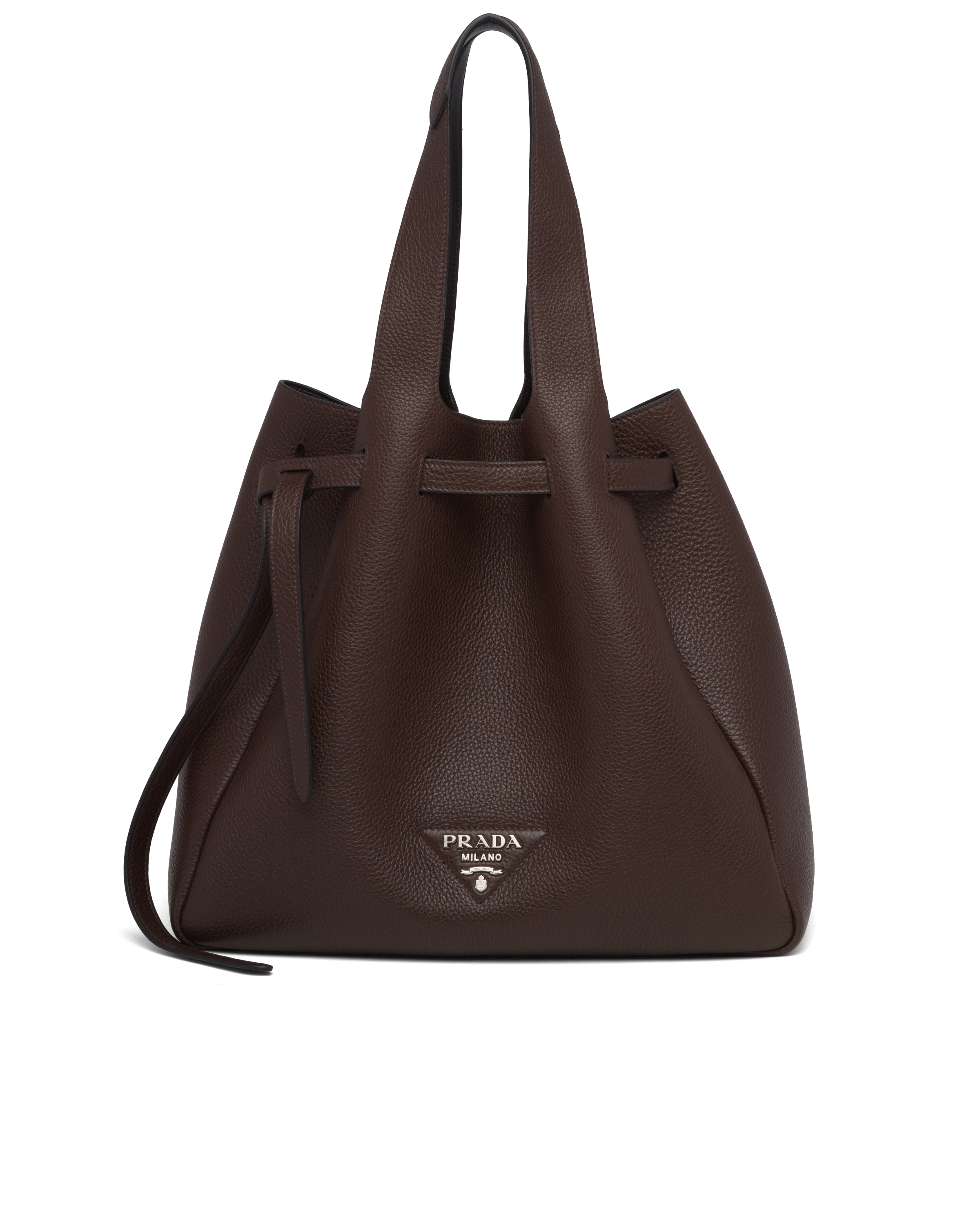 prada triangle logo leather tote