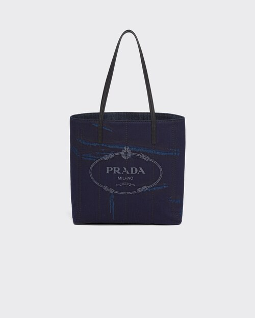 black Medium Tote in Printed Denim | Prada