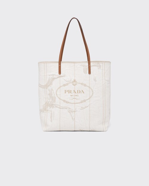 ベージュ/コニャック ラージ リネンブレンドxレザー トートバッグ | Prada
