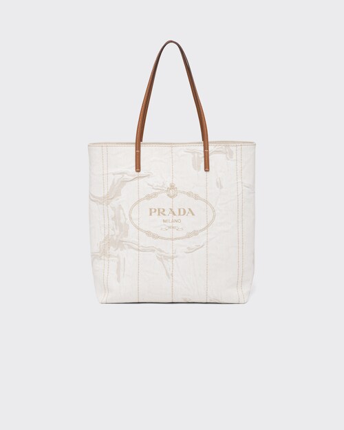 Beige/cognac Large Tote in Printed Linen Blend | Prada