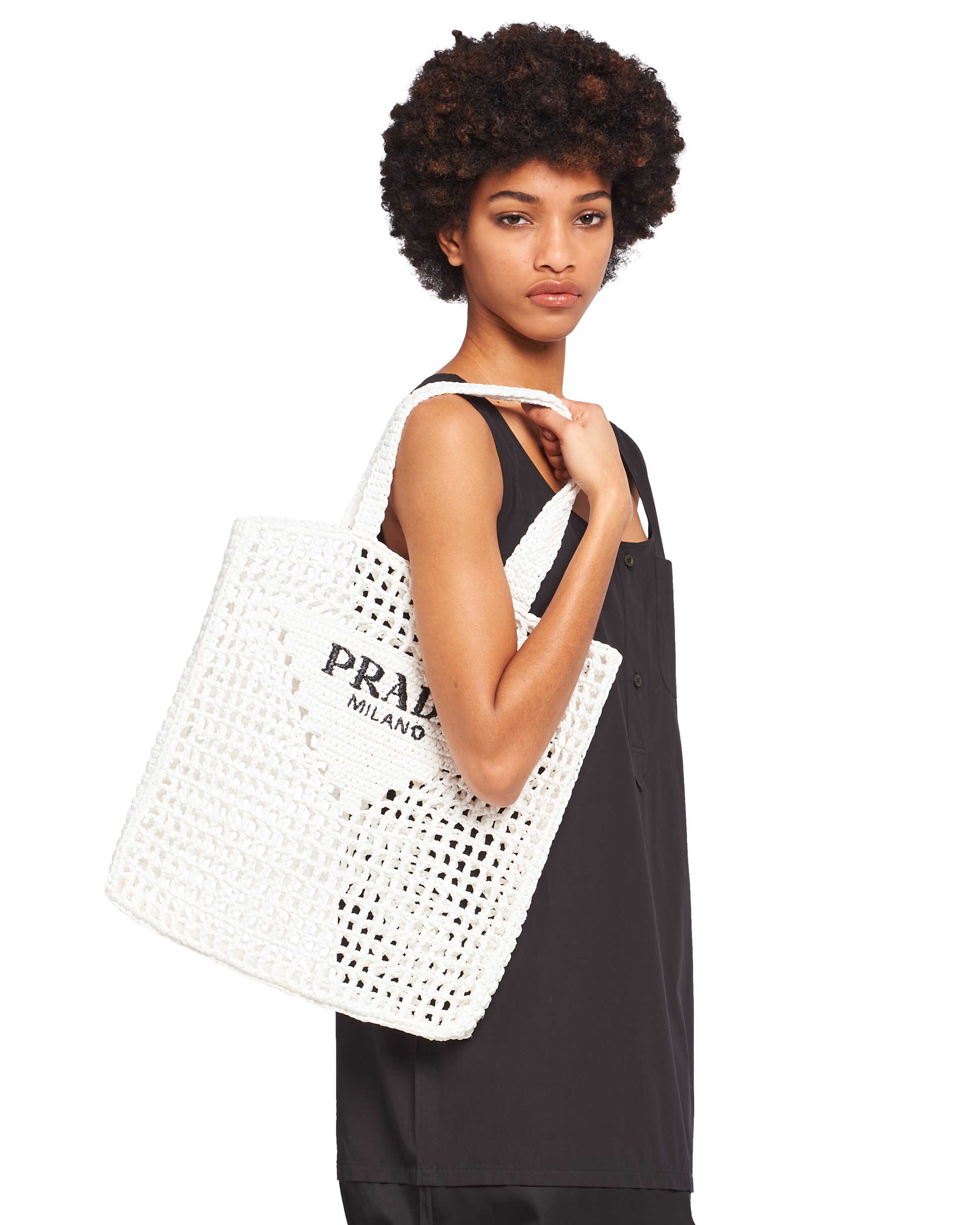 Prada Bicolor Woven Logo Shopper Tote Bag In White