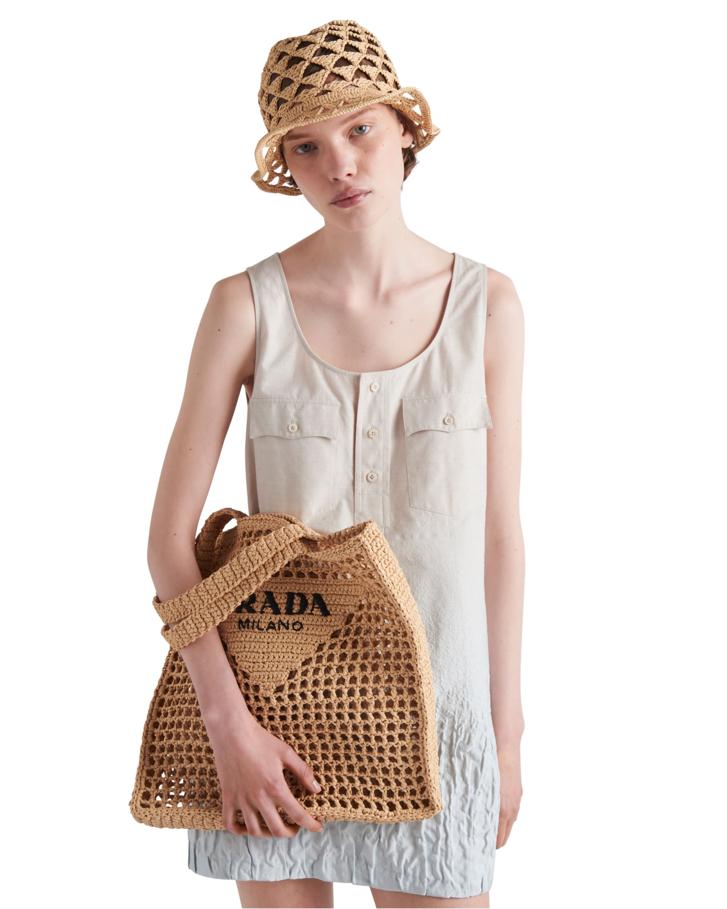 Prada Triangle-logo Raffia Tote Bag In Natural