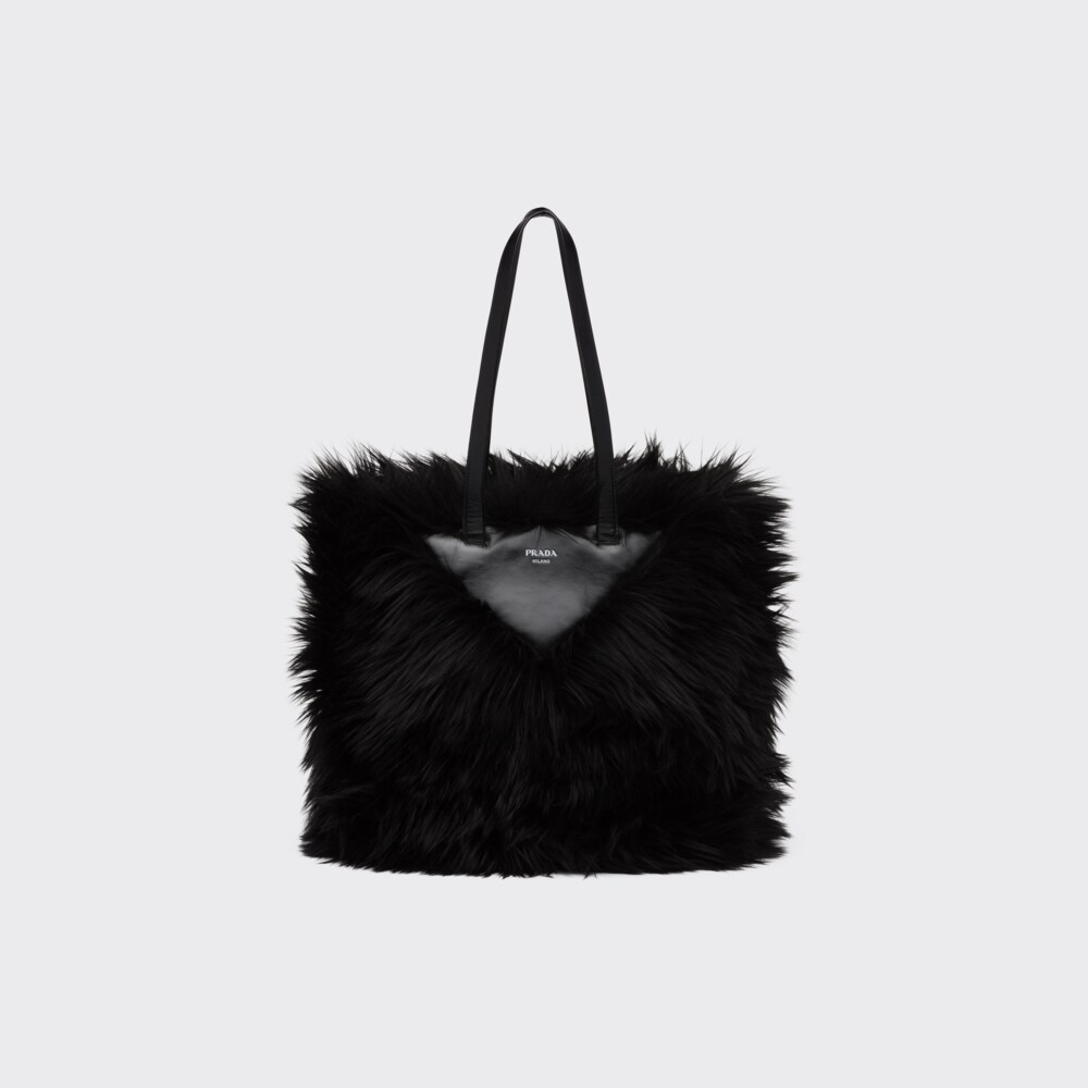 Black Faux fur fabric tote bag Prada