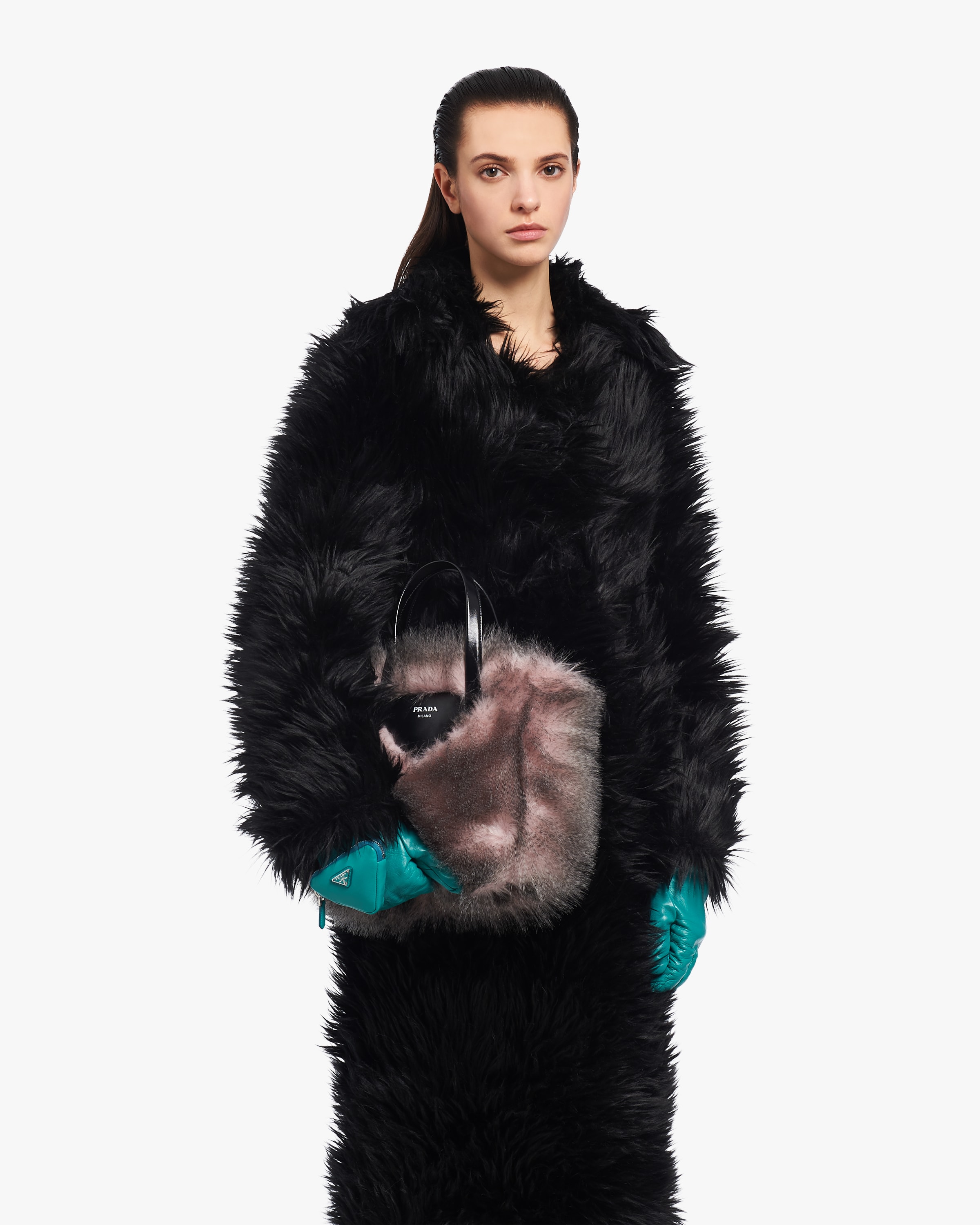 Alabaster White/black Faux fur fabric tote bag Prada