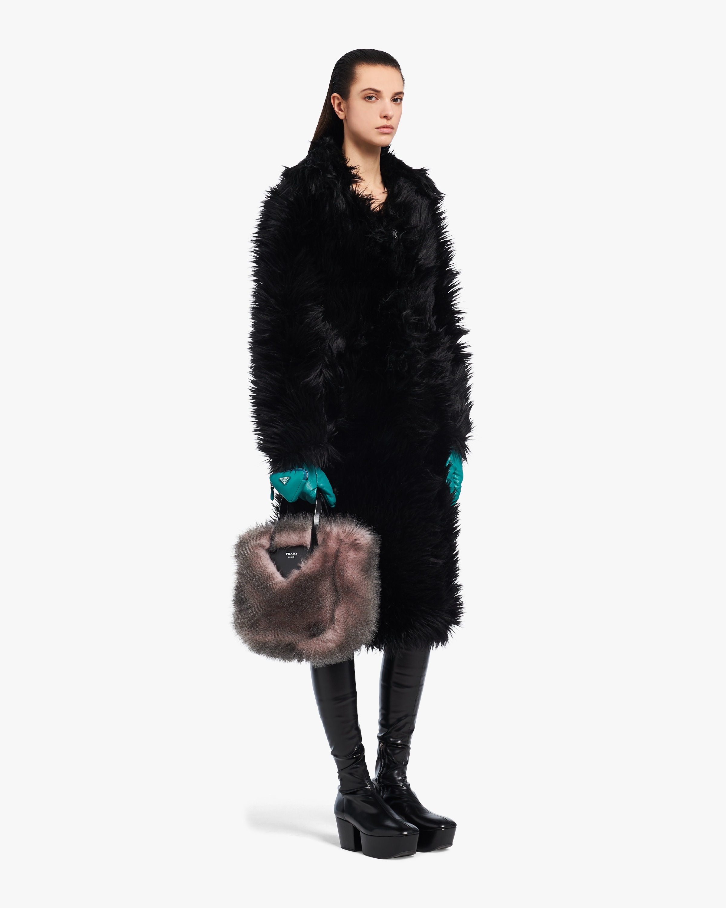 Alabaster White/black Faux fur fabric tote bag Prada