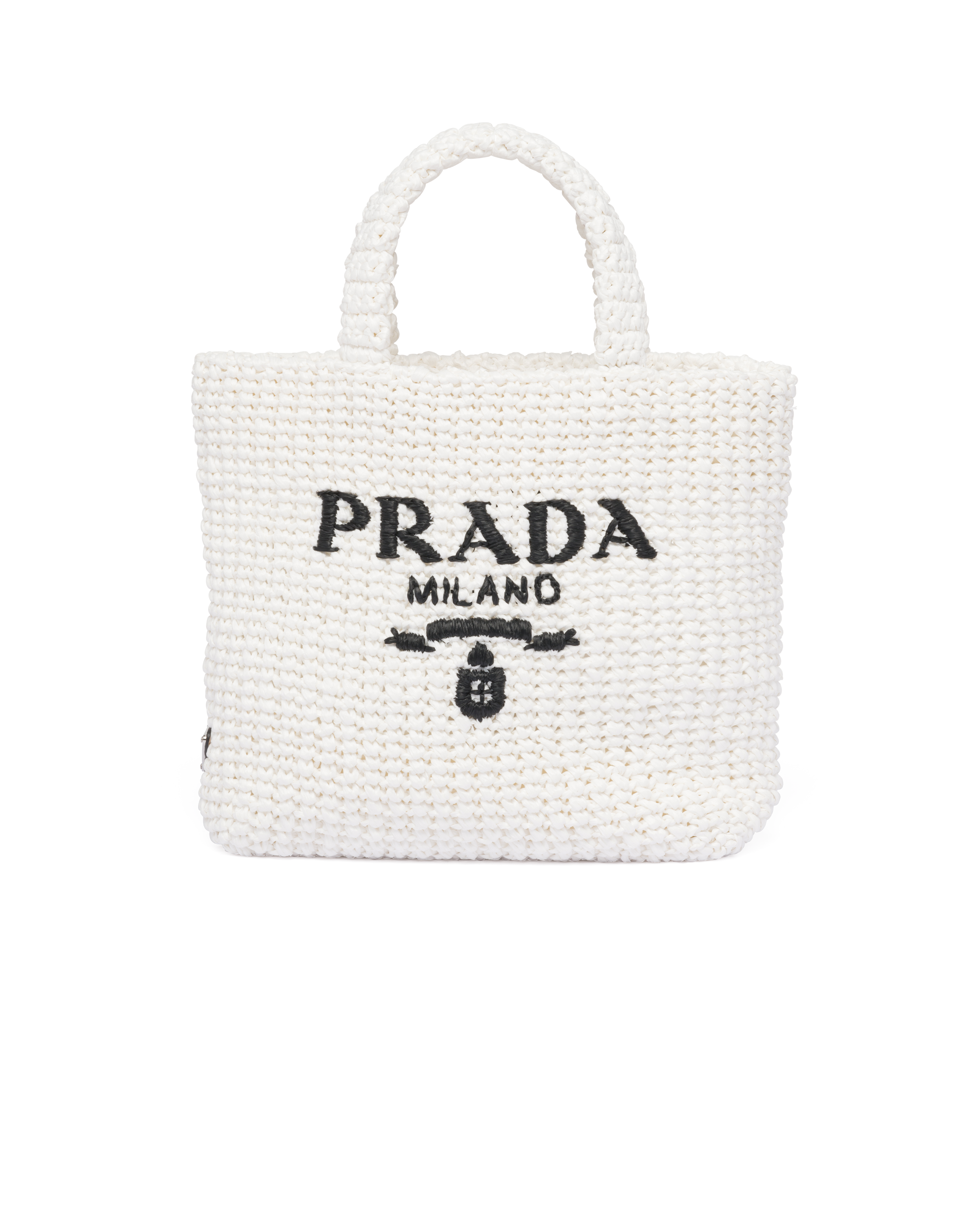 Shop Prada Small Crochet Tote Bag In White