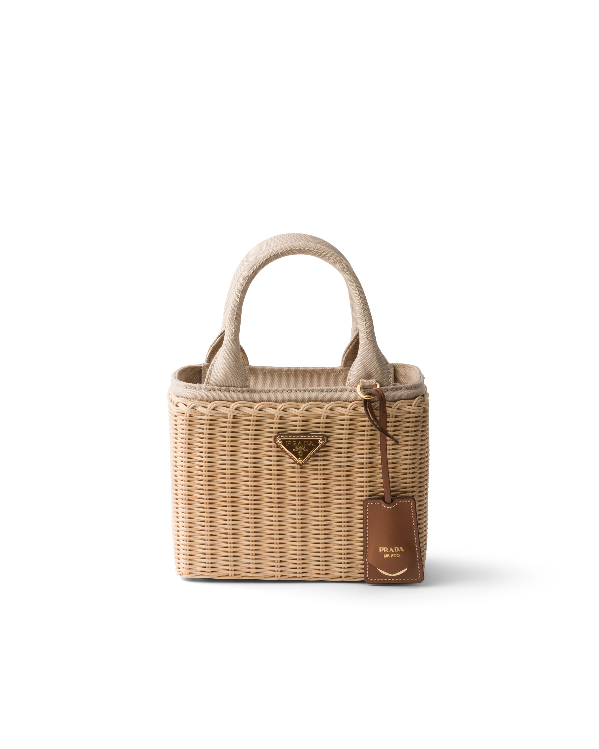 Small Wicker And Canvas Tote Bag, Woman, Tan