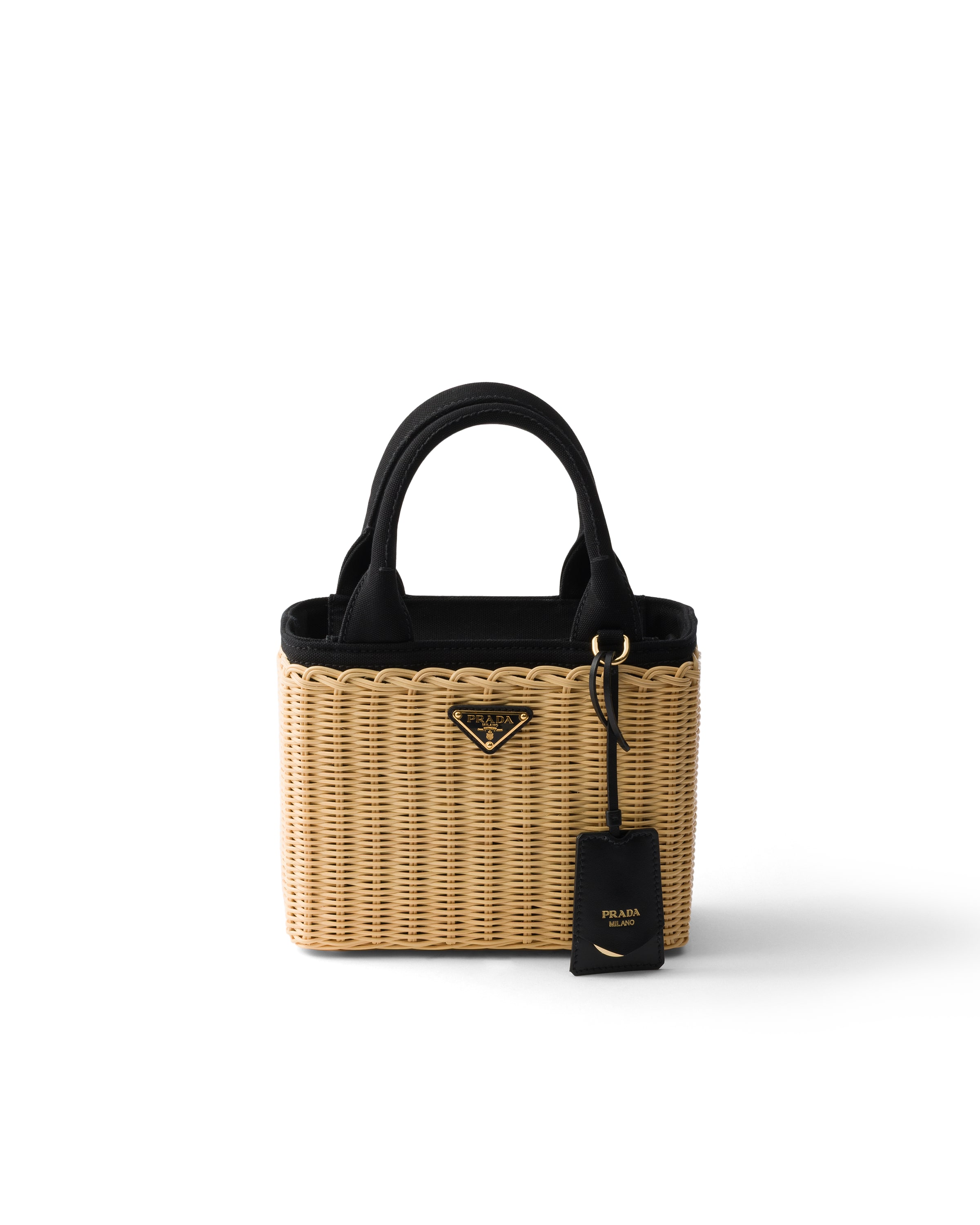 Prada Small Wicker And Canvas Tote Bag, Woman, Tan/black