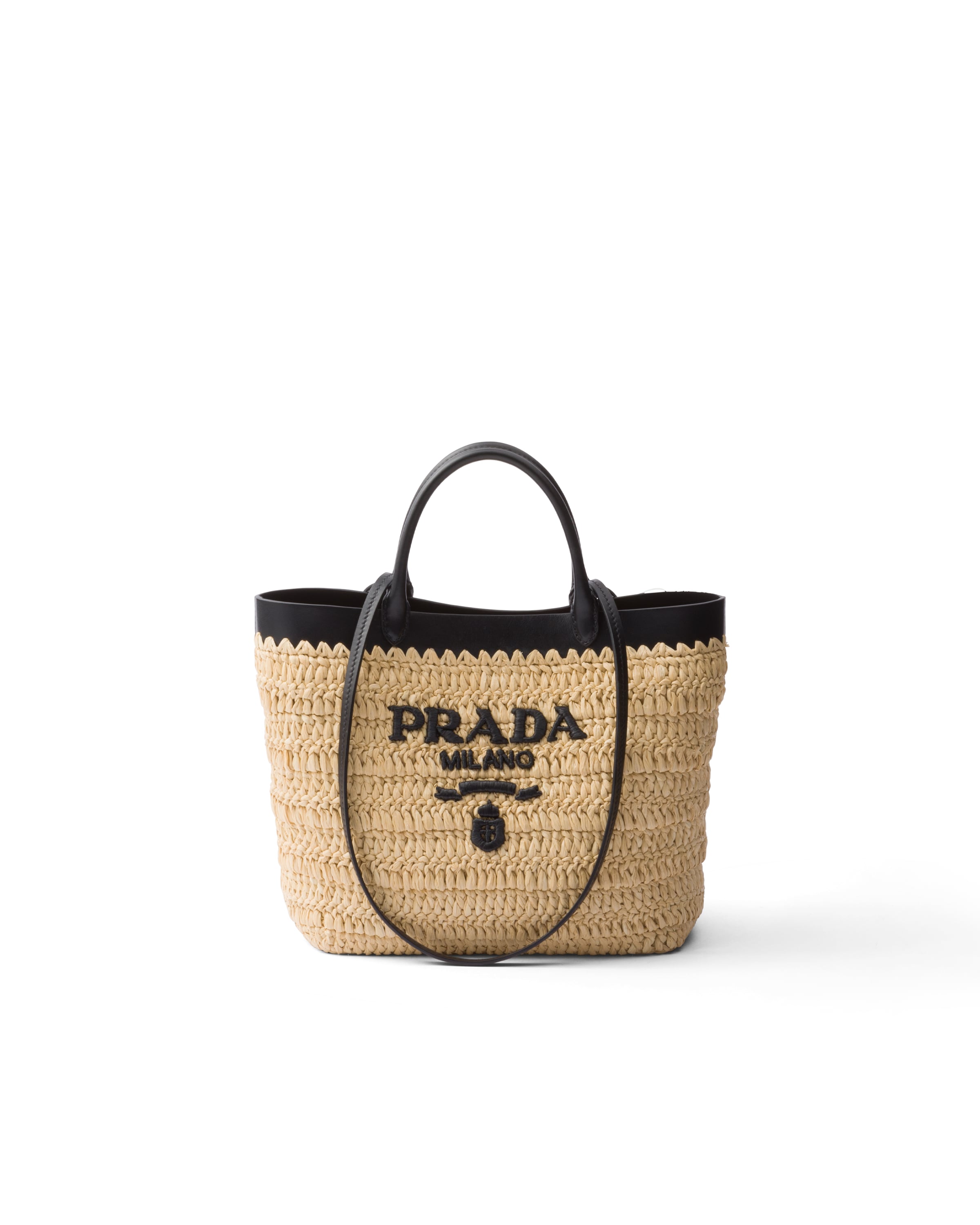 Prada Small Crochet And Leather Tote Bag, Woman, Tan/black