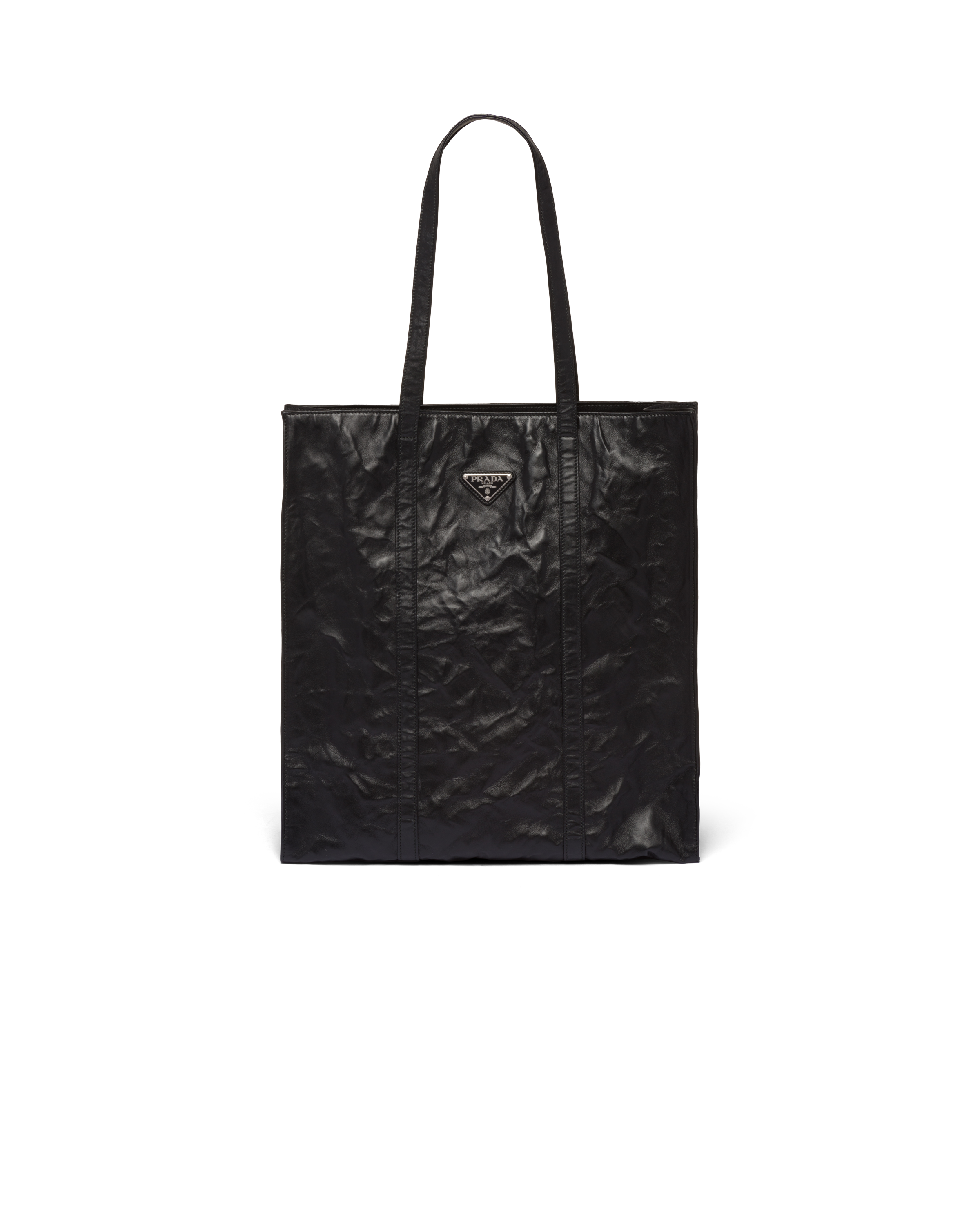 Shop Prada Mittelgrosse Tote Bag Aus Nappa-leder In Antik-optik In Black