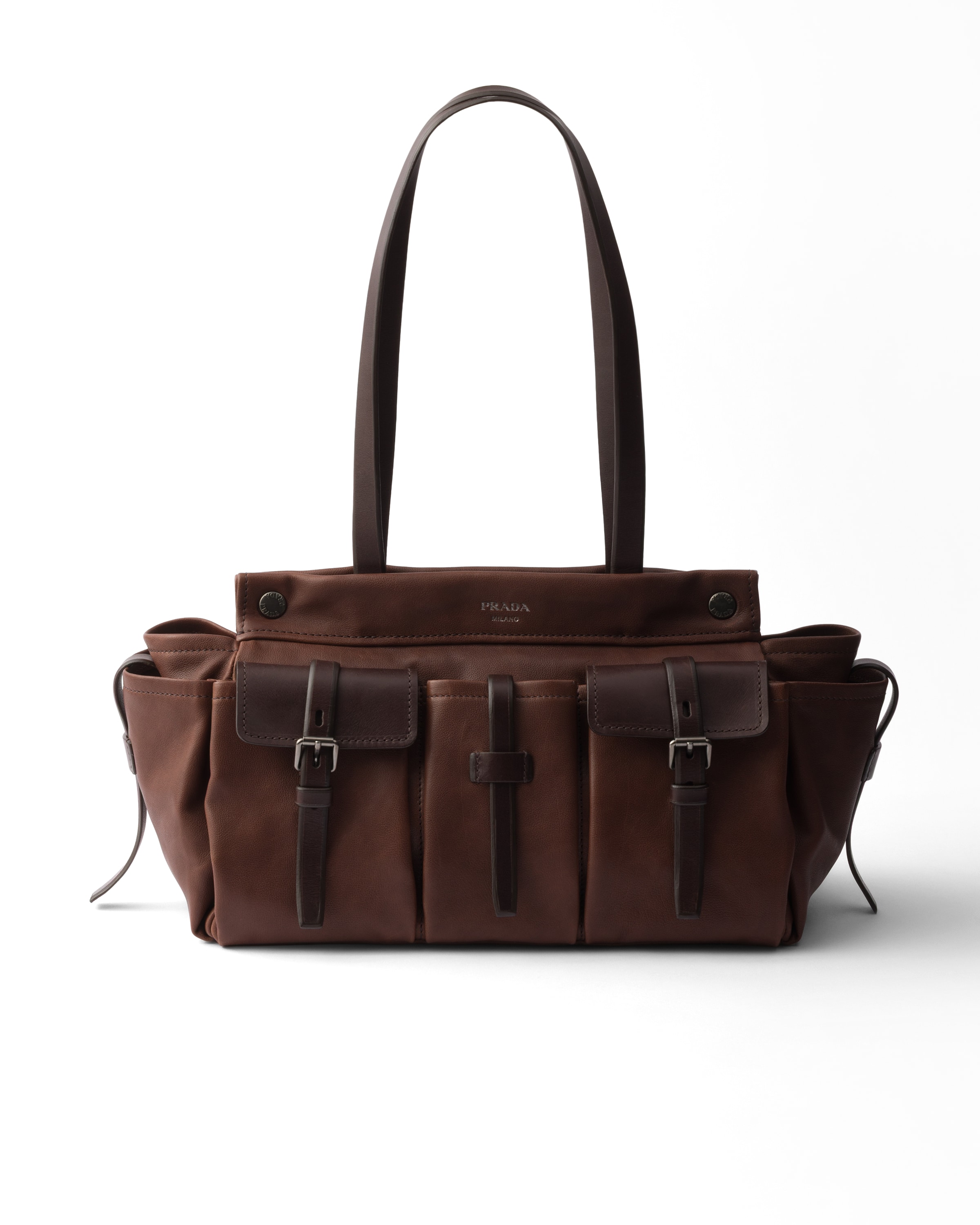 Prada Route Large Leather Tote Bag, Woman, Cocoa Brown