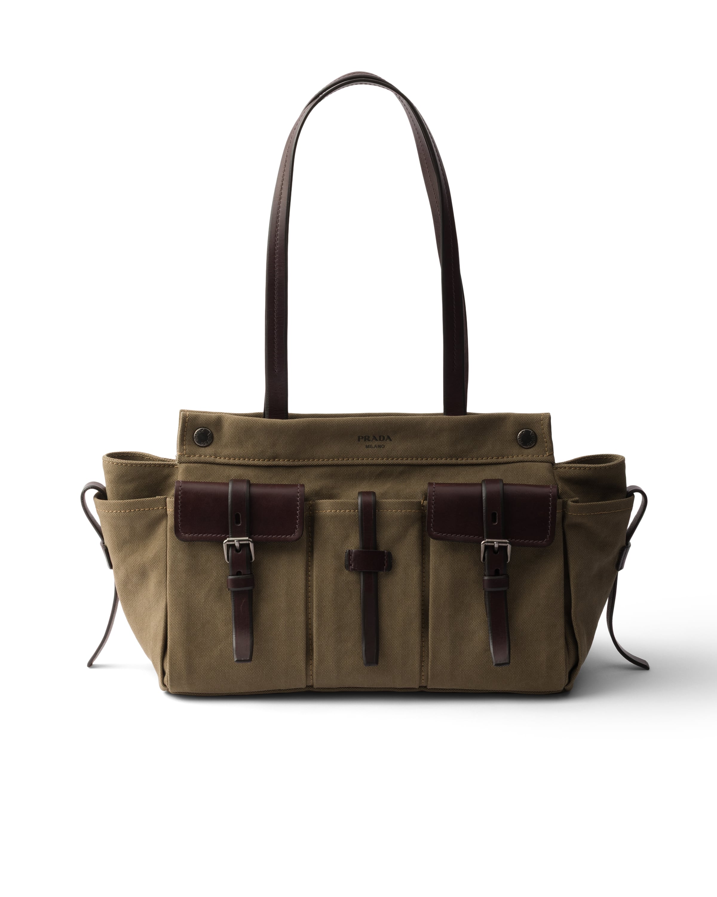 Prada Route Large Canvas And Leather Tote Bag, Woman, Forest Green