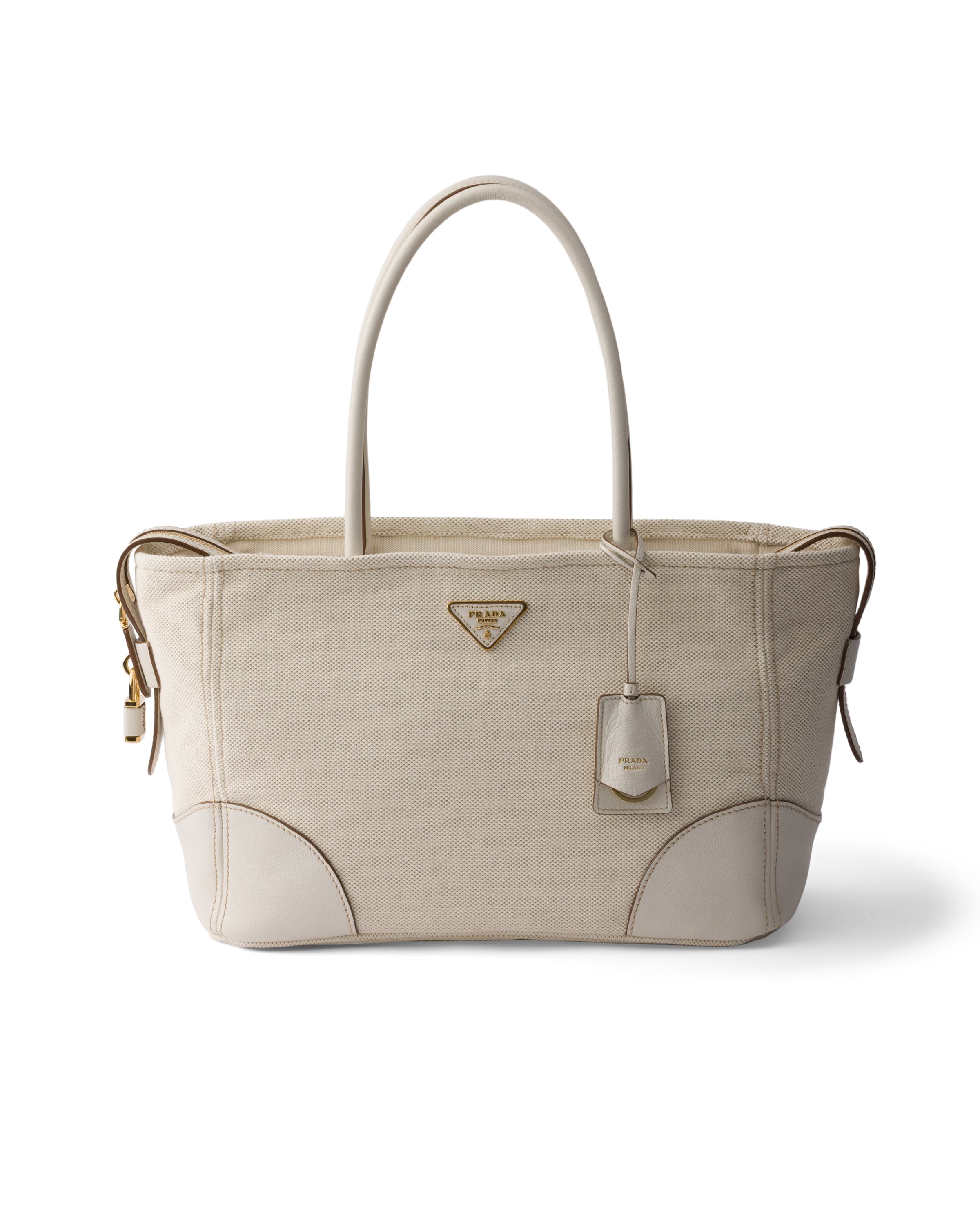 Prada Large Linen Blend And Leather Tote Bag In Neutral