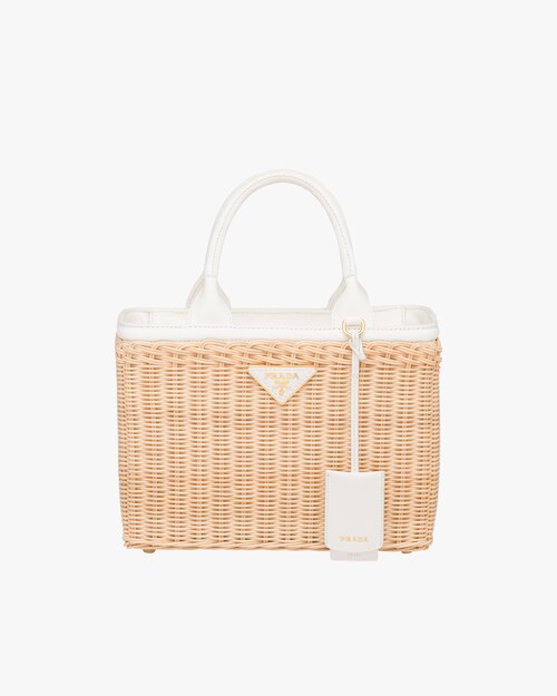 ベージュ ホワイト ウィッカーxキャンバス カゴバッグ Prada