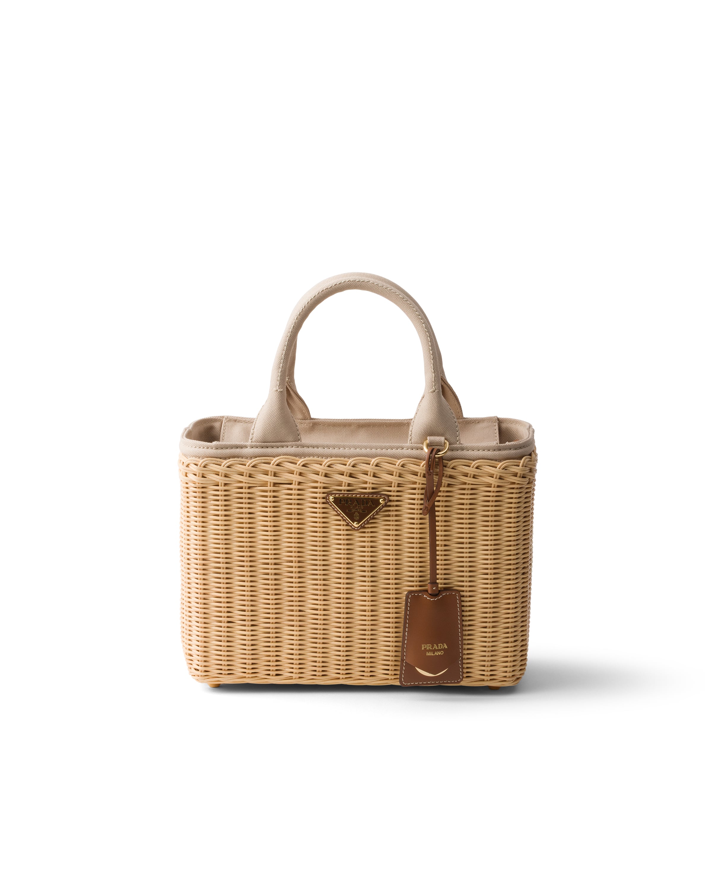 Medium Wicker And Canvas Tote Bag, Woman, Tan