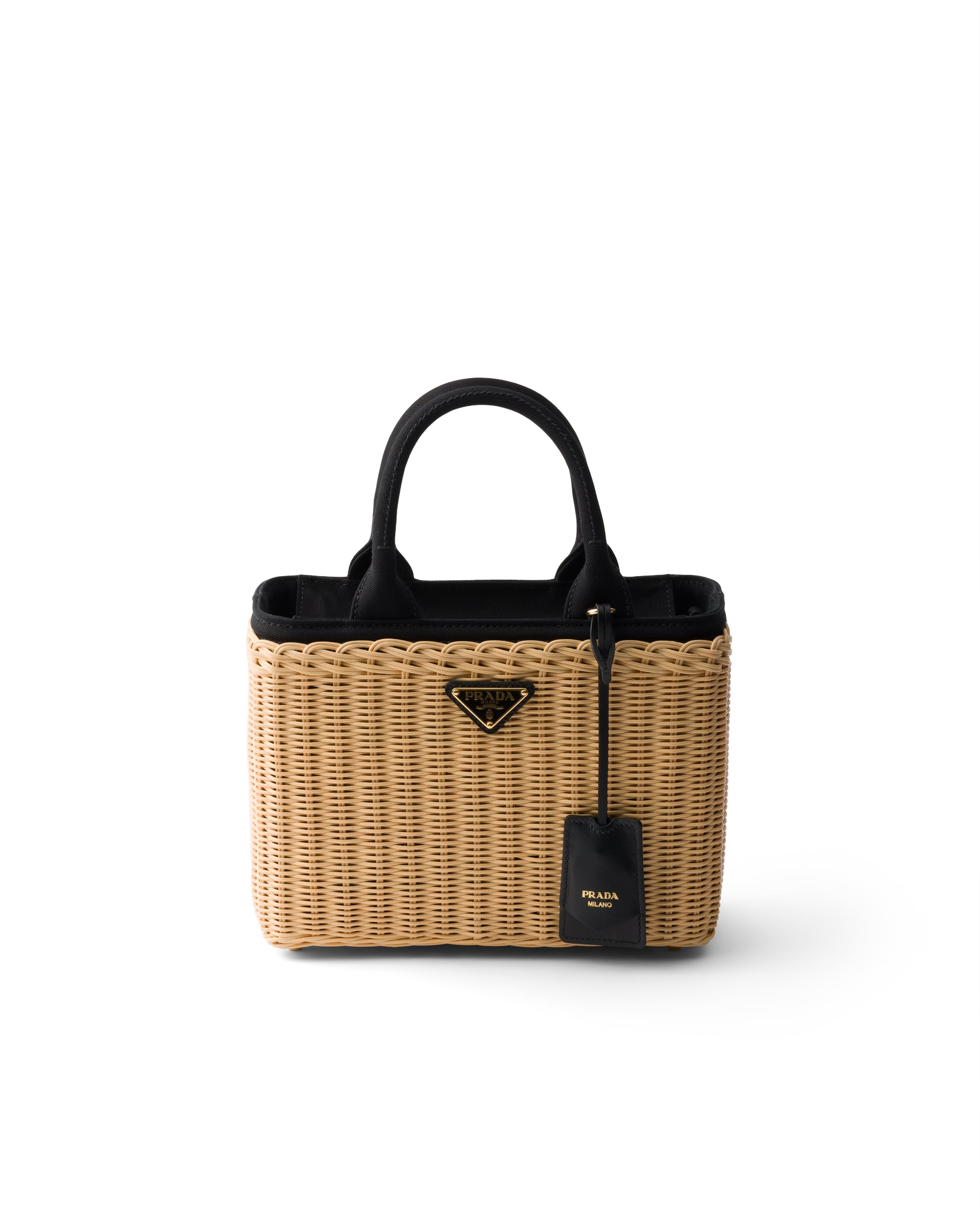 Medium Wicker And Canvas Tote Bag, Woman, Tan/black