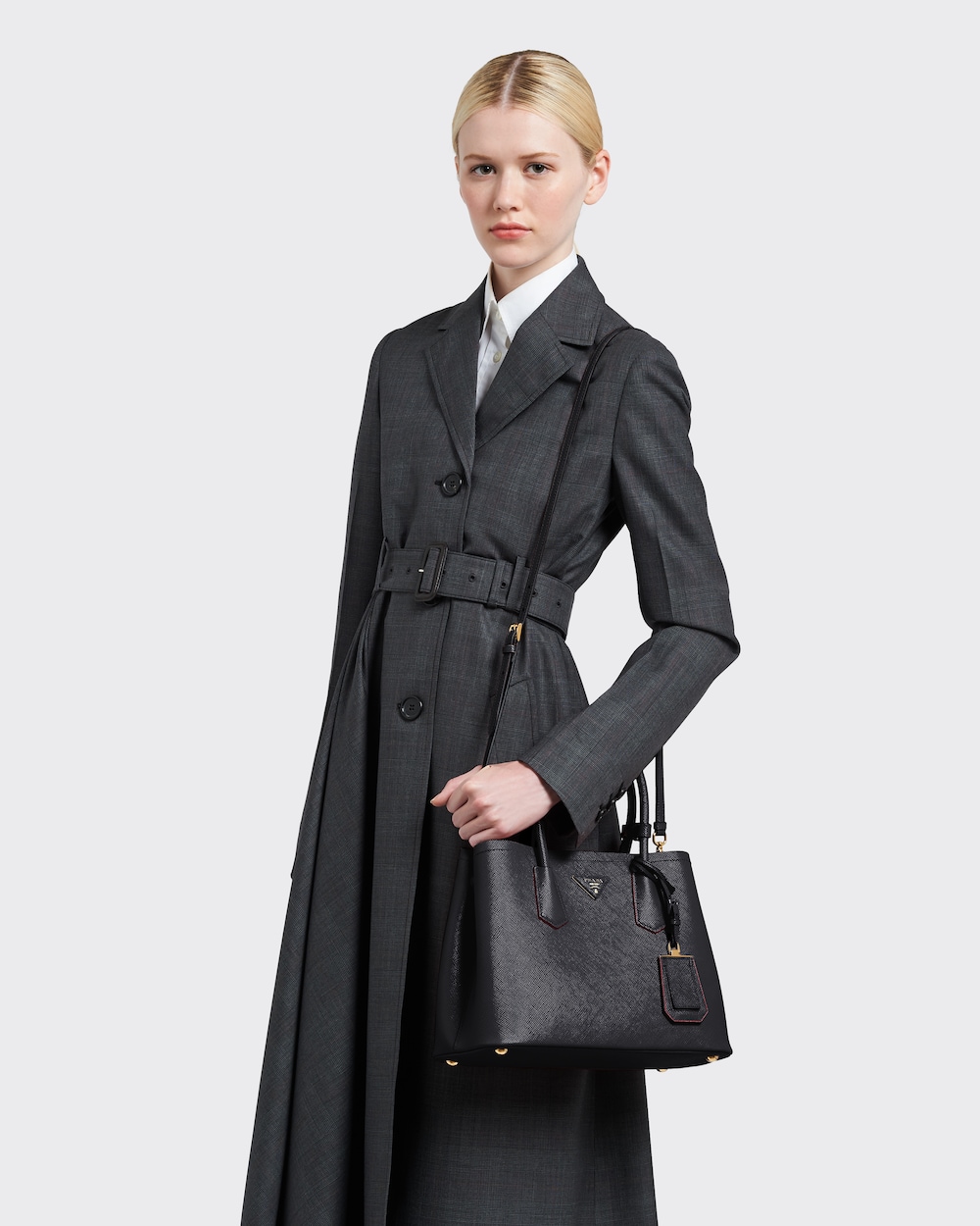 中號 Prada Double Saffiano 皮革手袋 Black/fiery Red | Prada