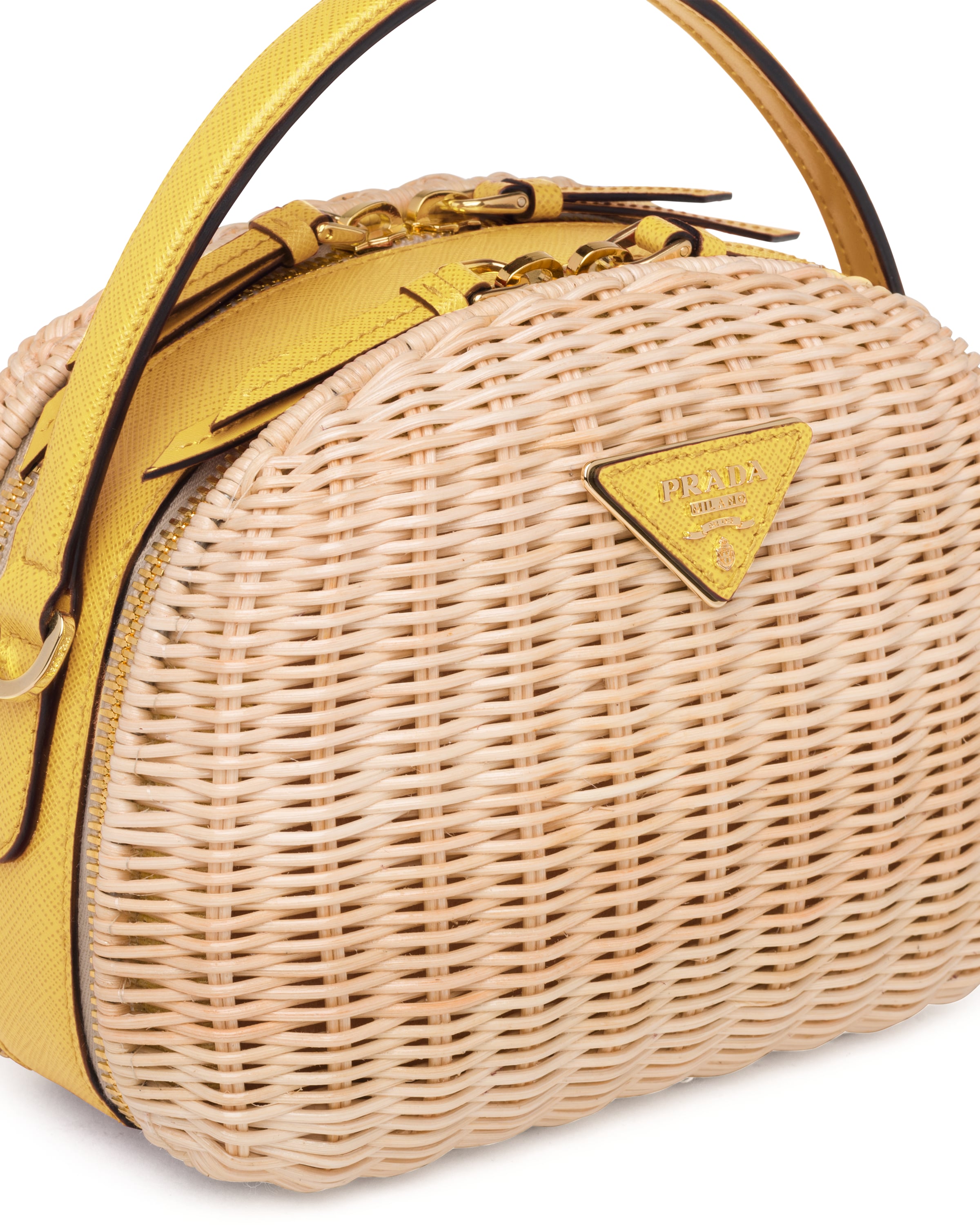 Beige/sun Wicker and Saffiano leather shoulder bag Prada