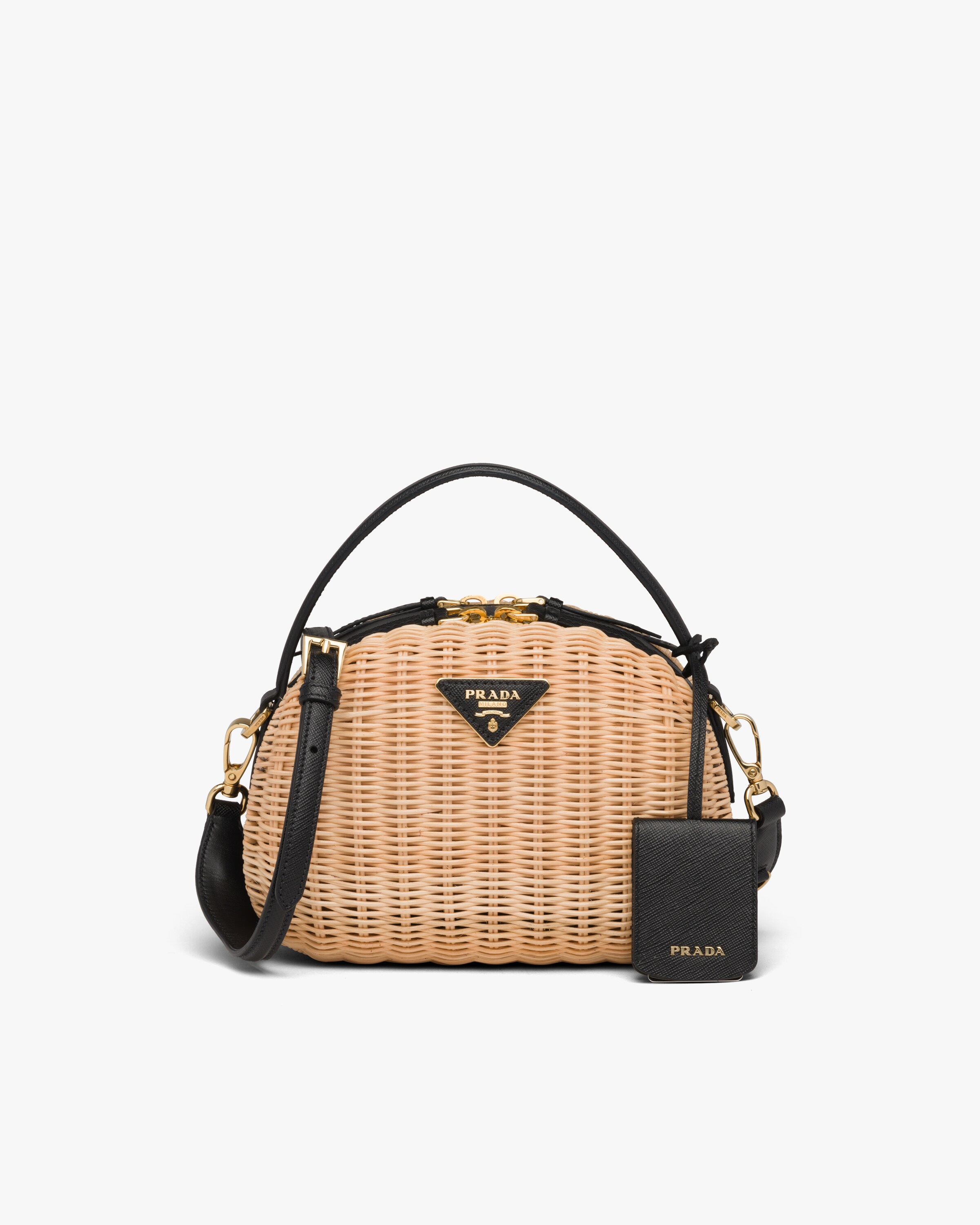 Tan/black Wicker and Saffiano leather shoulder bag Prada