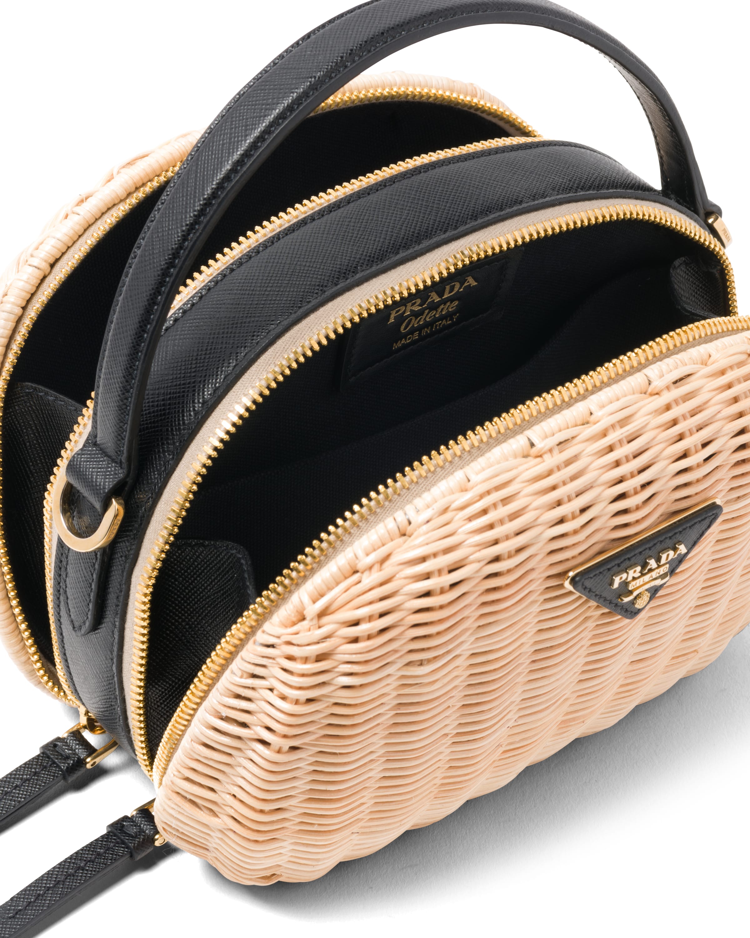 Tan/black Wicker and Saffiano leather shoulder bag Prada