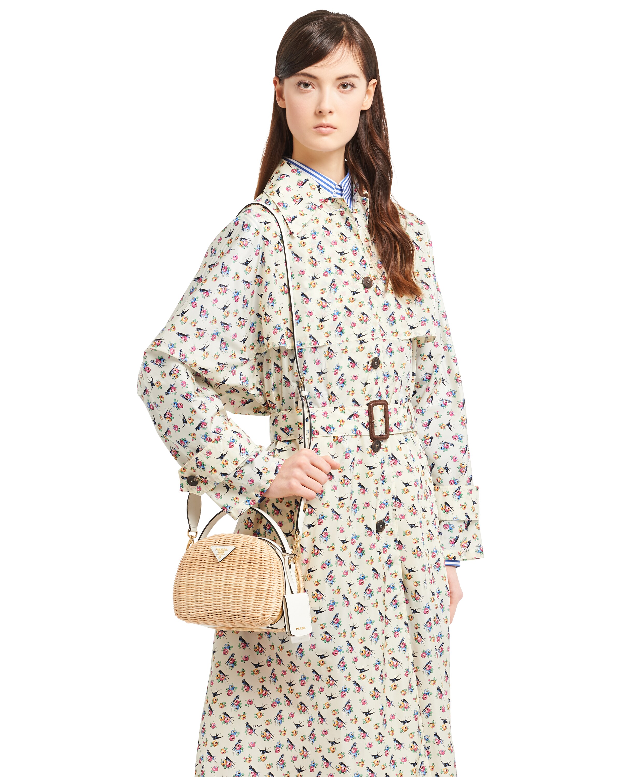 Tan/white Wicker and Saffiano leather shoulder bag Prada