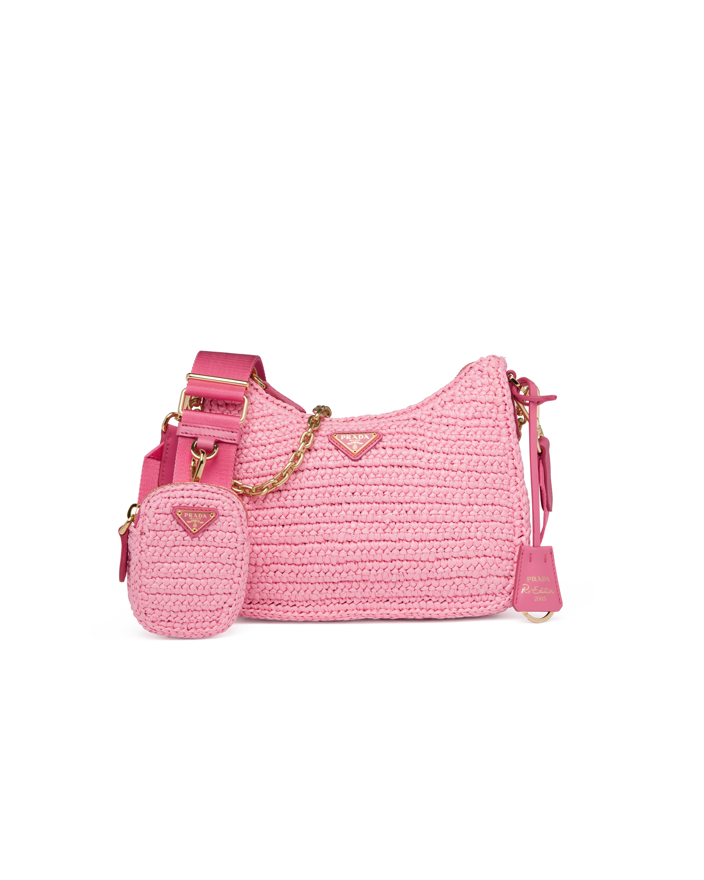 Prada Re-edition 2005 Raffia Chain Shoulder Bag In Petal Pink