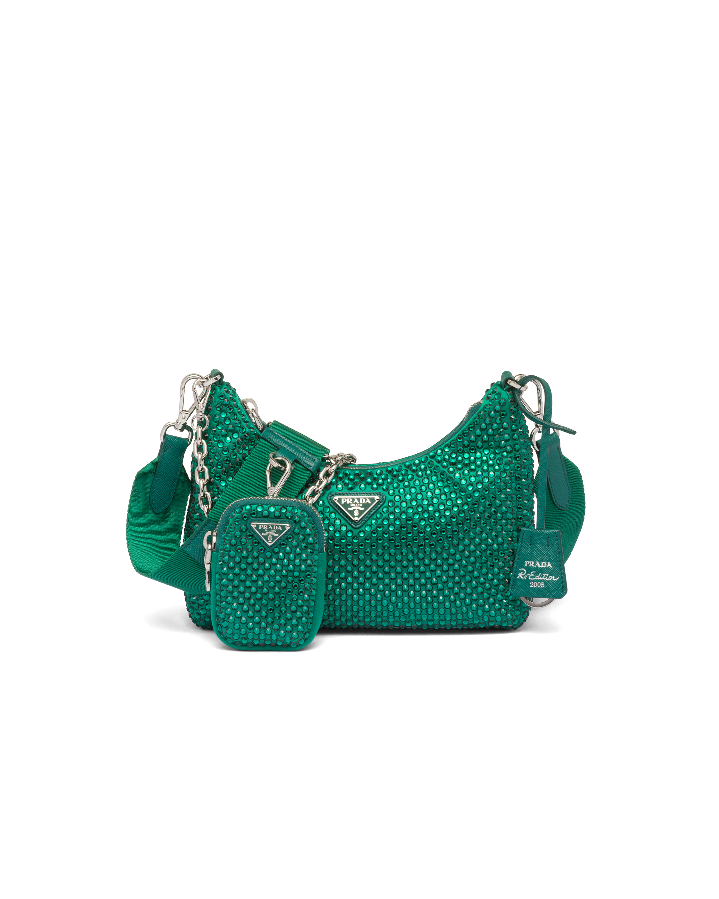 Prada Re-edition 2005 Satin Bag With Crystals In Mango