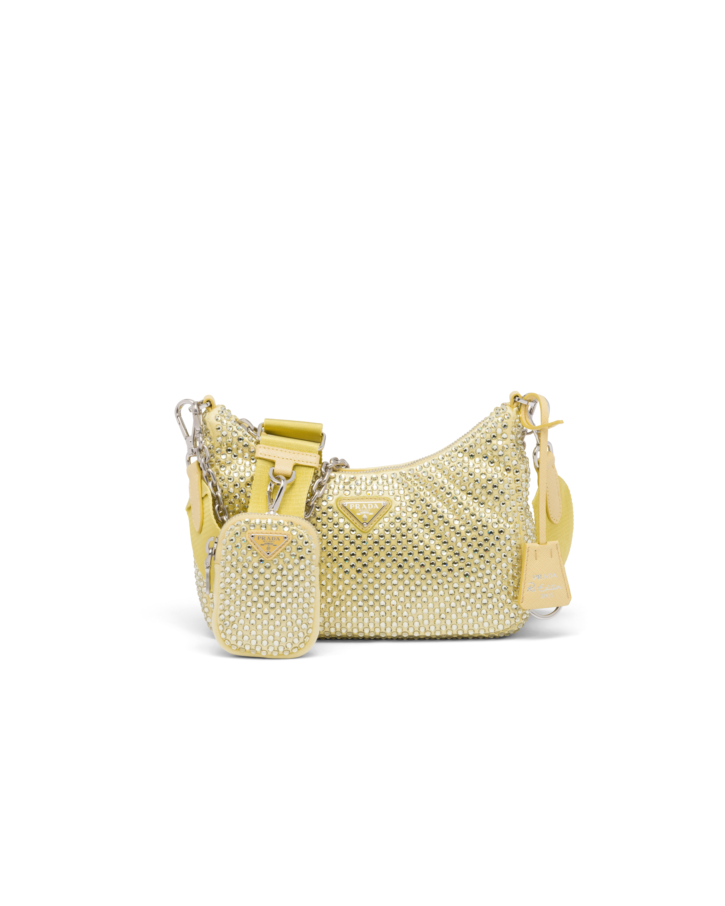 Shop Prada Re-edition 2005 Tasche Aus Satin Mit Kristallen In Pineapple Yellow