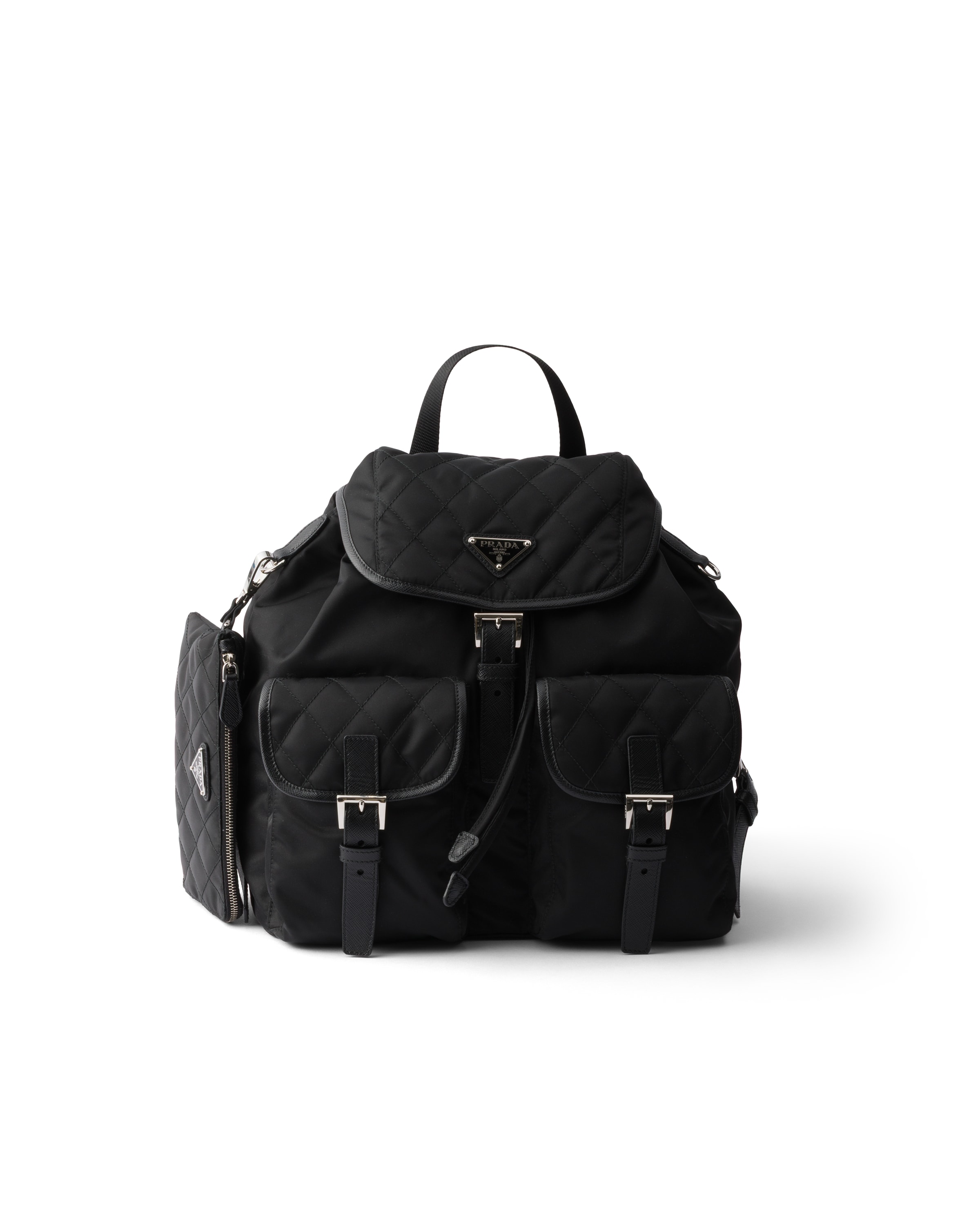 Prada Medium Quilted Re-nylon Backpack With Saffiano Leather Trim In Black