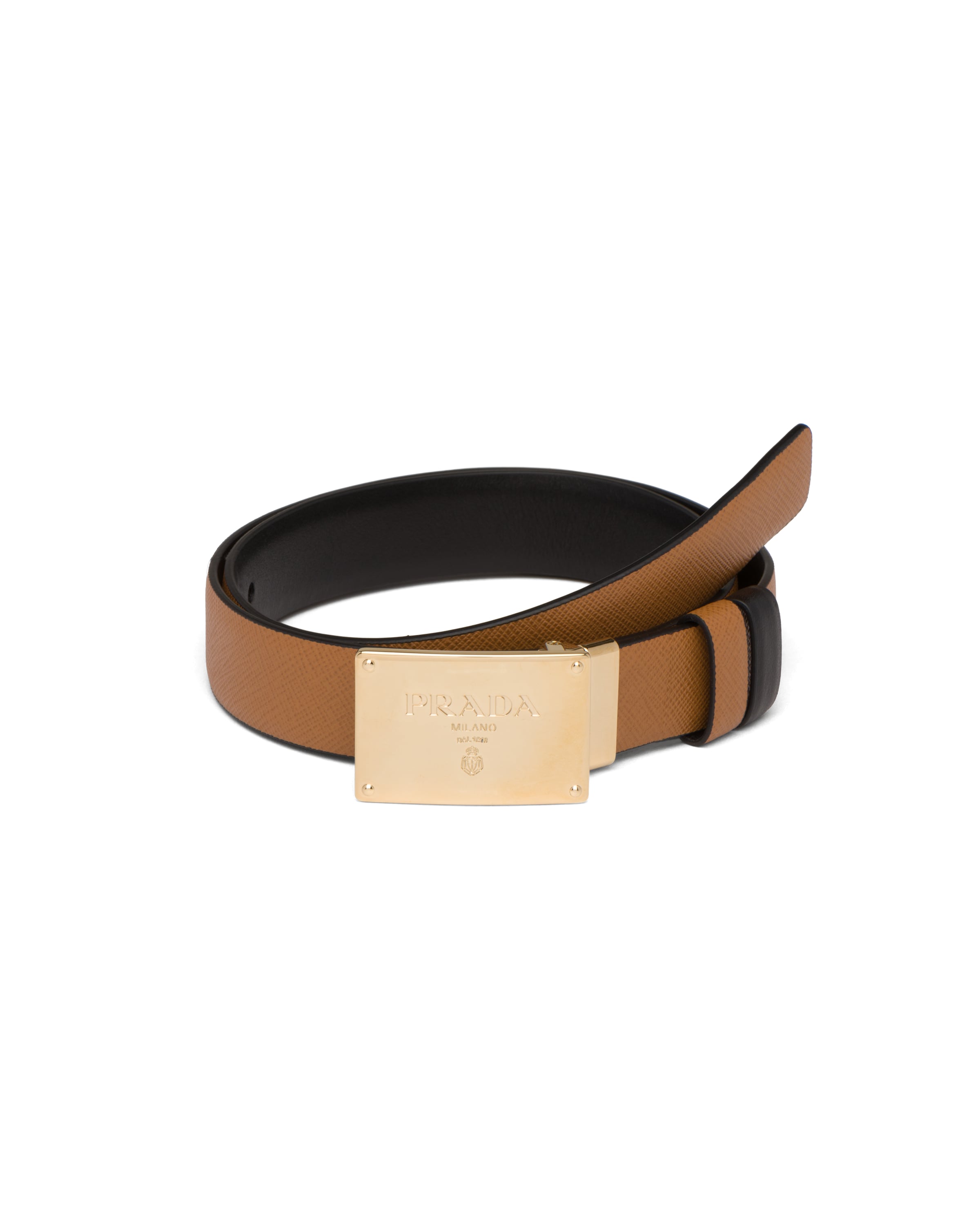 Caramel/ Black Reversible leather belt Prada