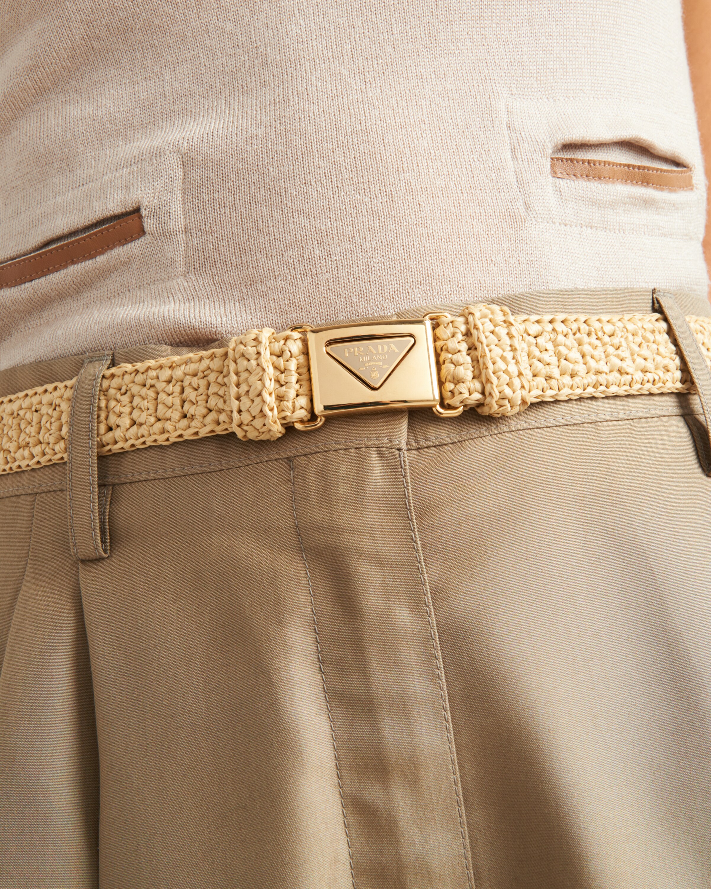 Prada Womens Neutral Triangle-buckle Raffia-effect Woven Belt In Natural